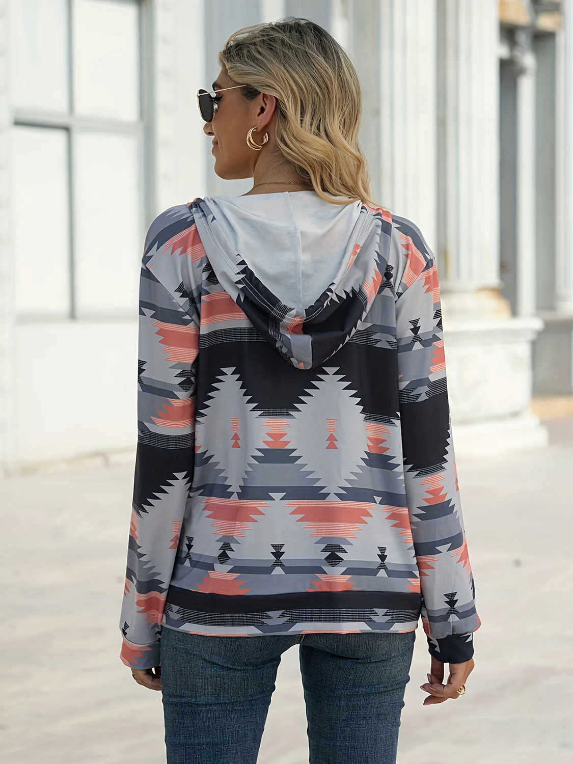 Geometric Zip Up Long Sleeve Hooded Jacket - Image 16