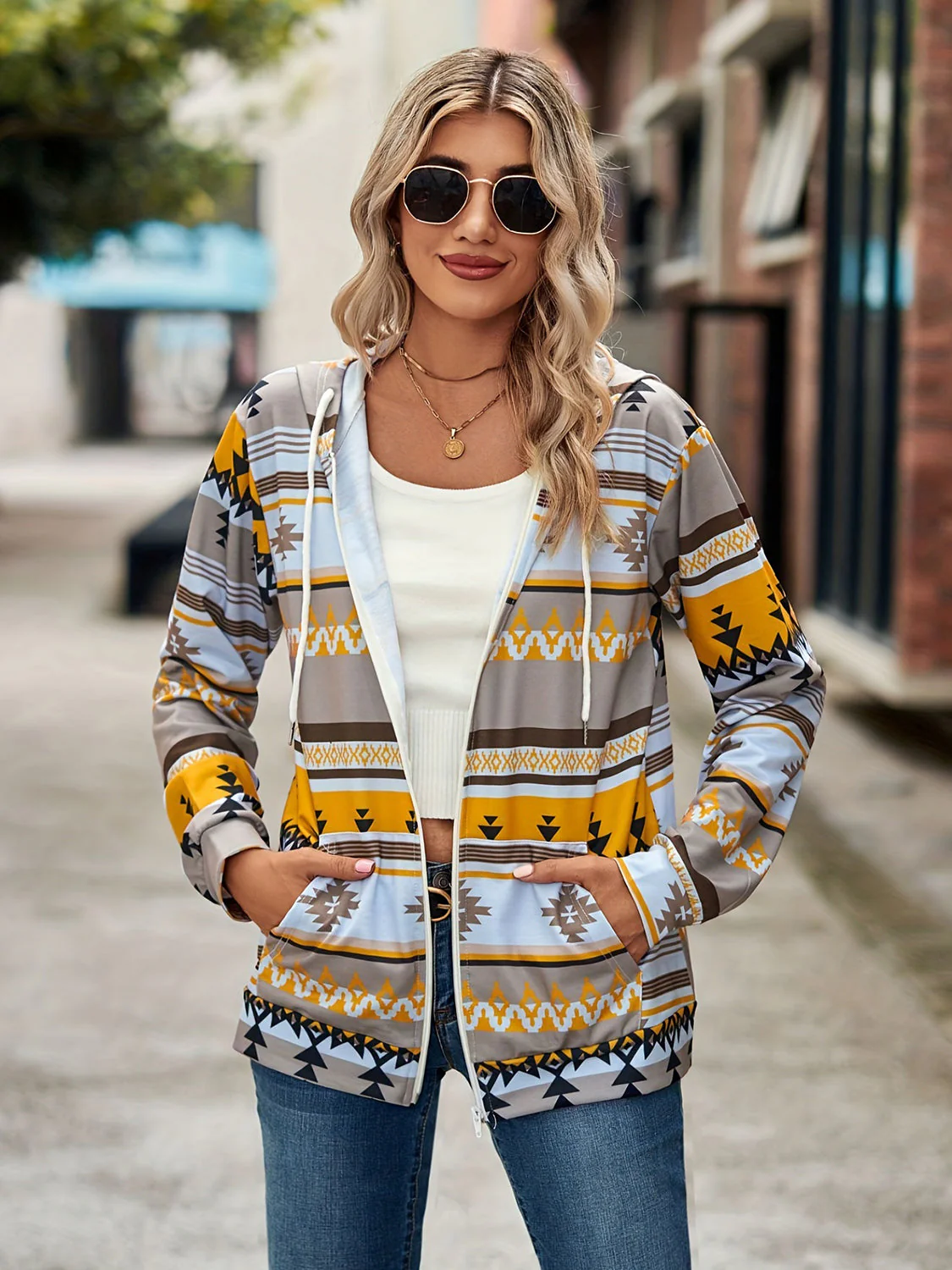 Geometric Zip Up Long Sleeve Hooded Jacket - Image 19
