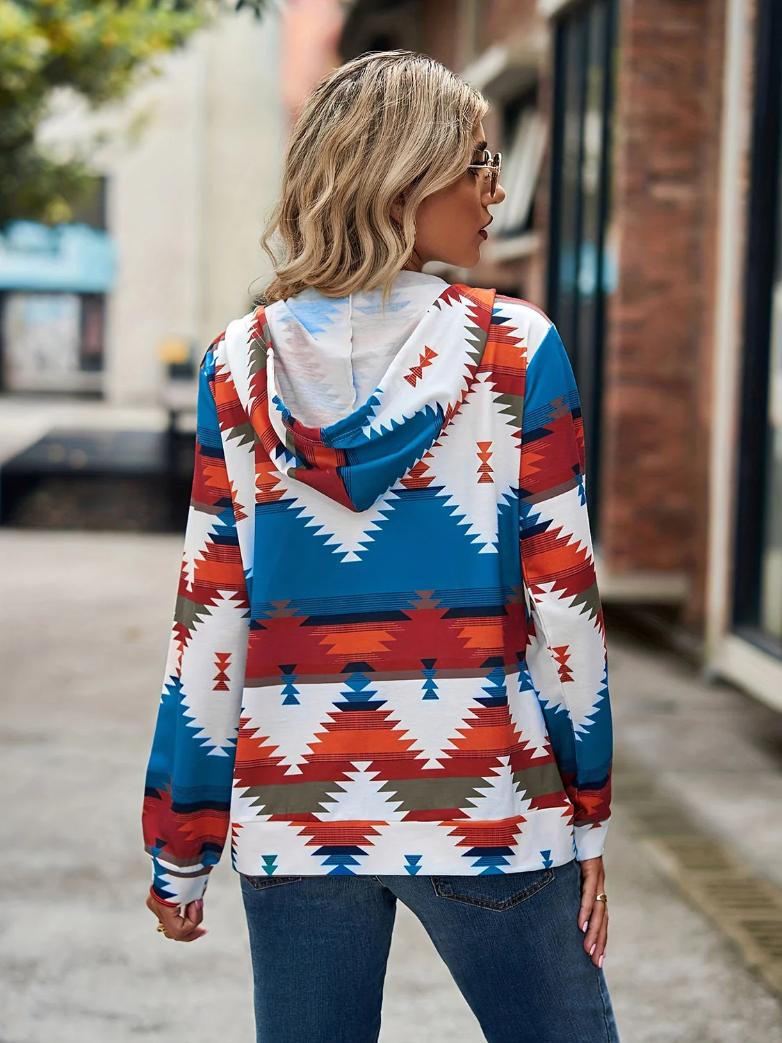 Geometric Zip Up Long Sleeve Hooded Jacket - Image 2