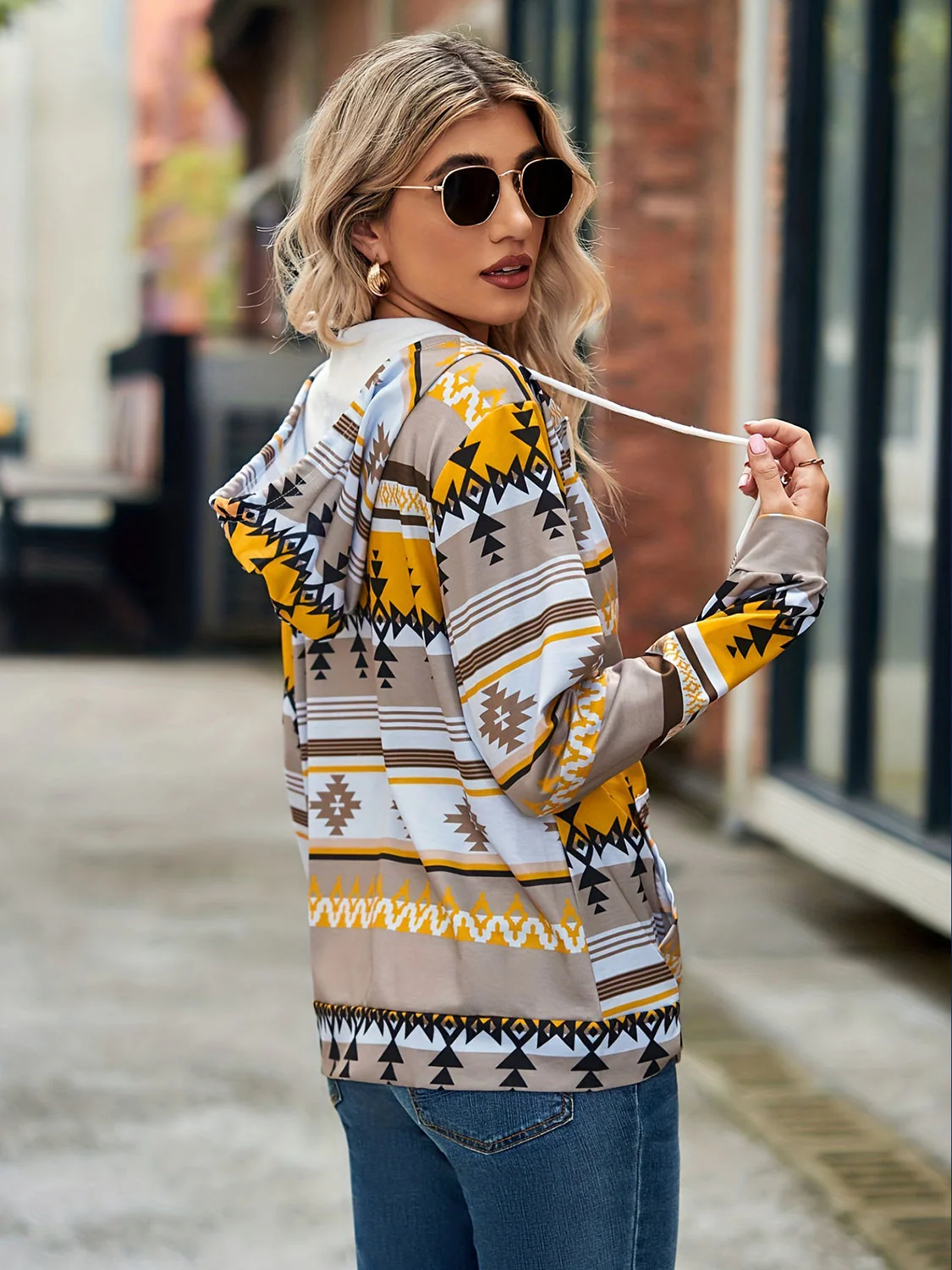 Geometric Zip Up Long Sleeve Hooded Jacket - Image 20