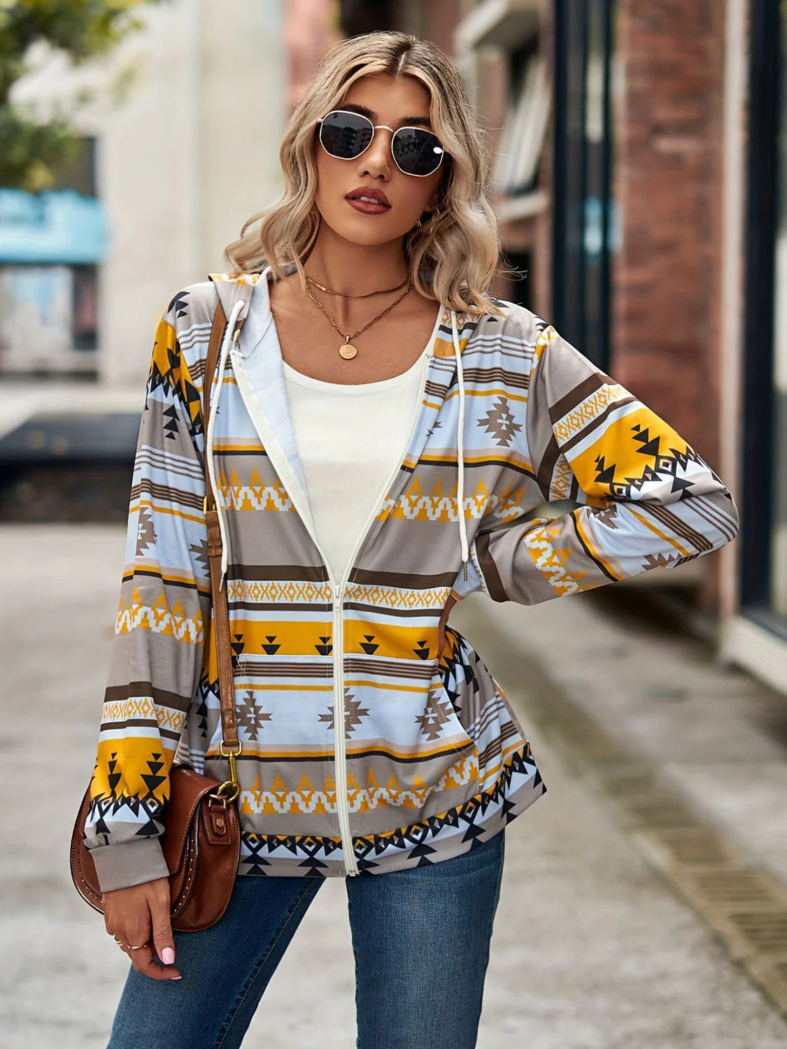 Geometric Zip Up Long Sleeve Hooded Jacket - Image 21