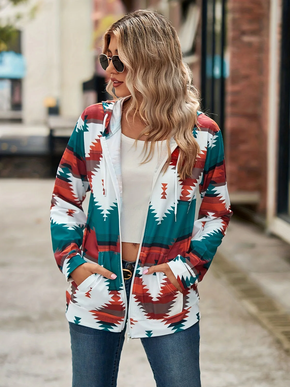Geometric Zip Up Long Sleeve Hooded Jacket - Image 4