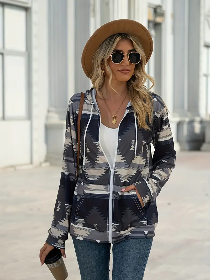 Geometric Zip Up Long Sleeve Hooded Jacket - Image 9