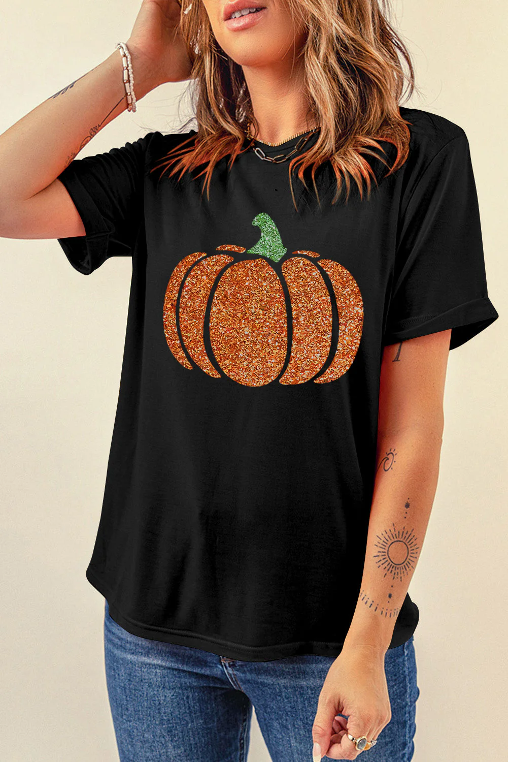 Glitter Pumpkin Round Neck Short Sleeve T-Shirt - Image 2
