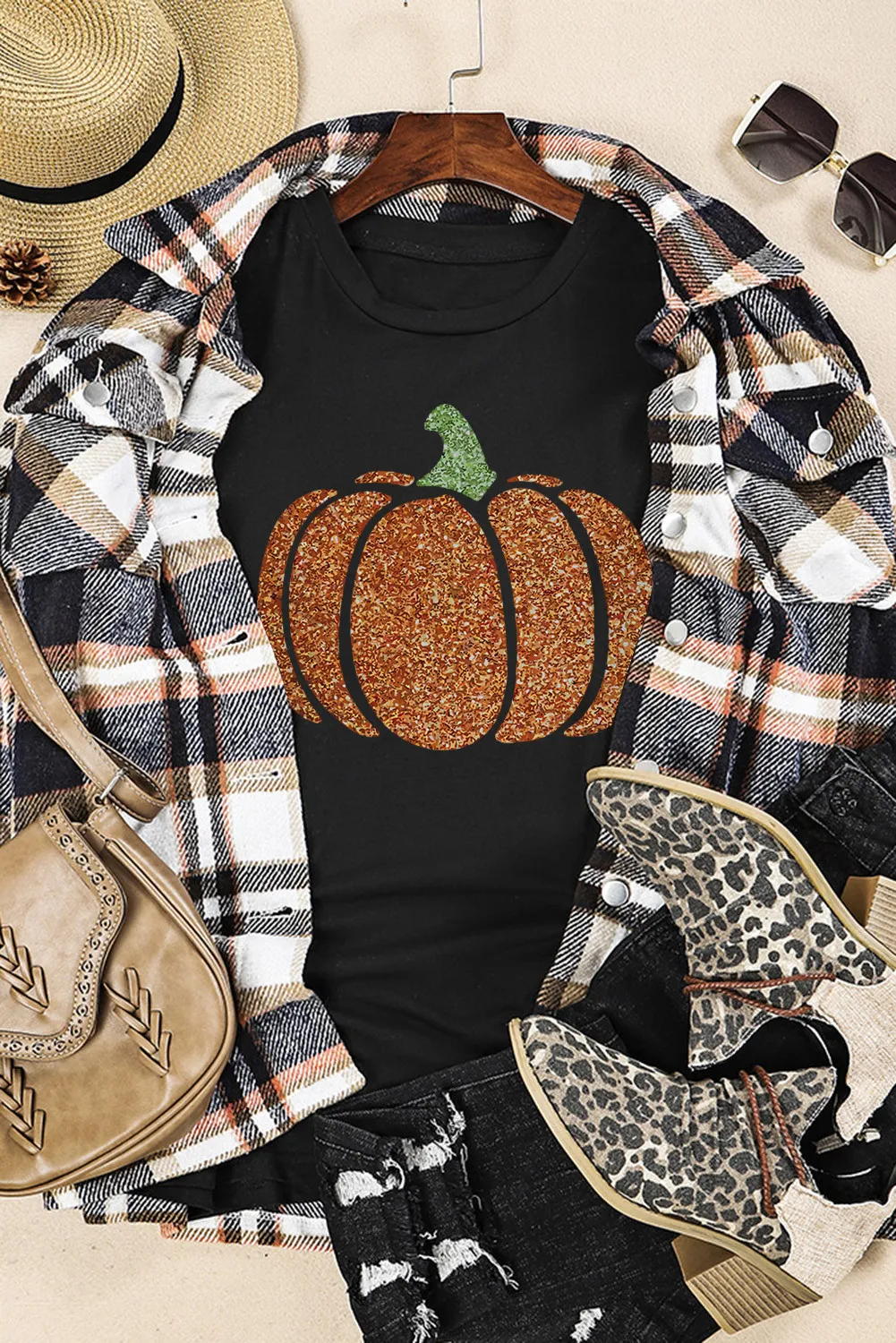 Glitter Pumpkin Round Neck Short Sleeve T-Shirt - Image 4