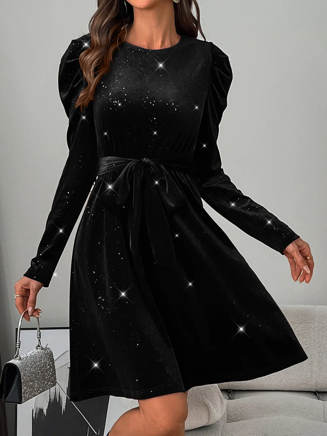 Glitter Round Neck Puff Sleeve Dress - Image 10