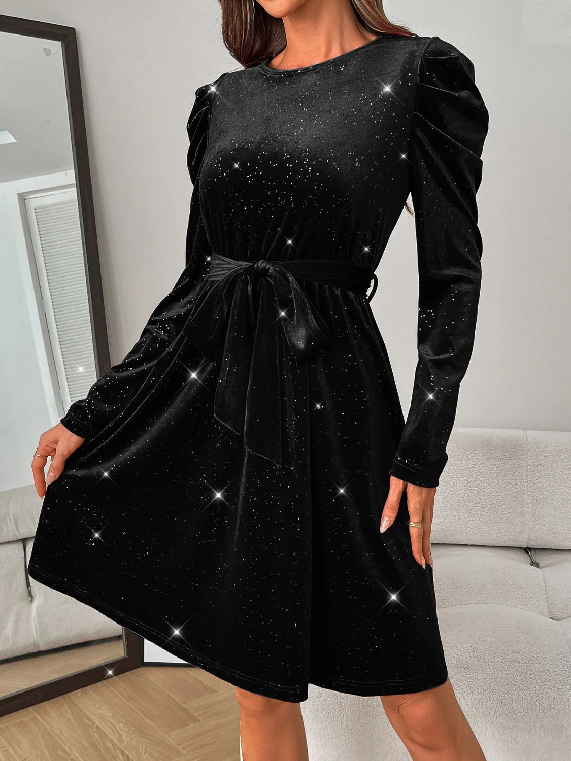 Glitter Round Neck Puff Sleeve Dress - Image 14