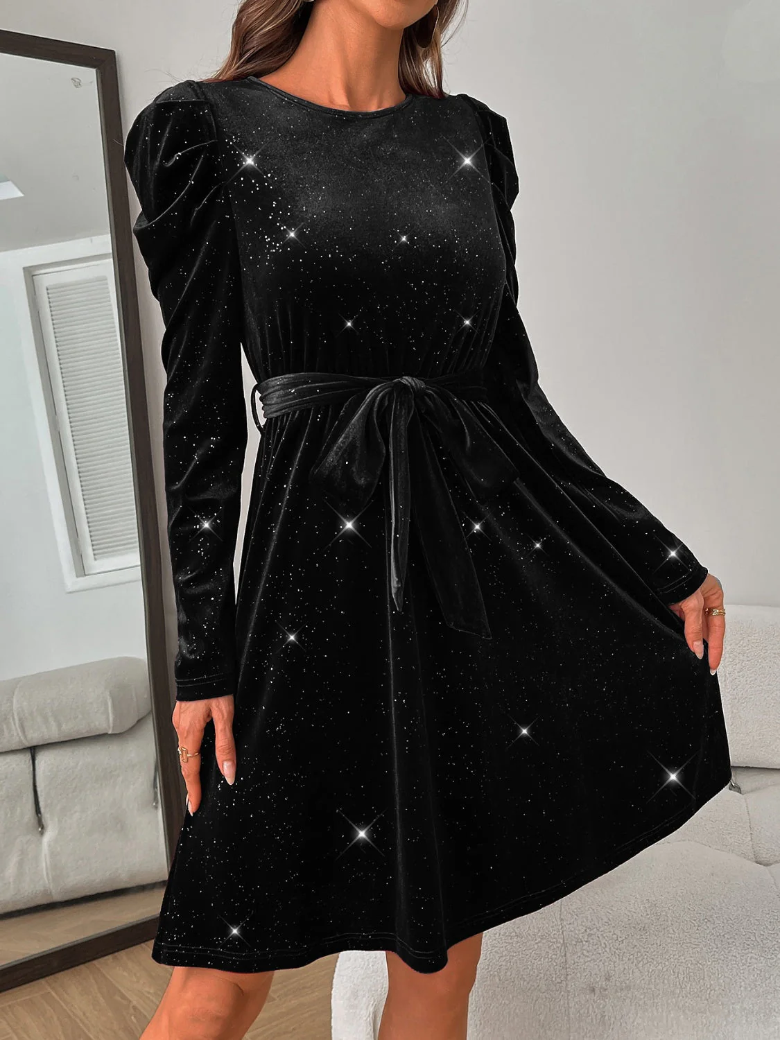 Glitter Round Neck Puff Sleeve Dress - Image 15