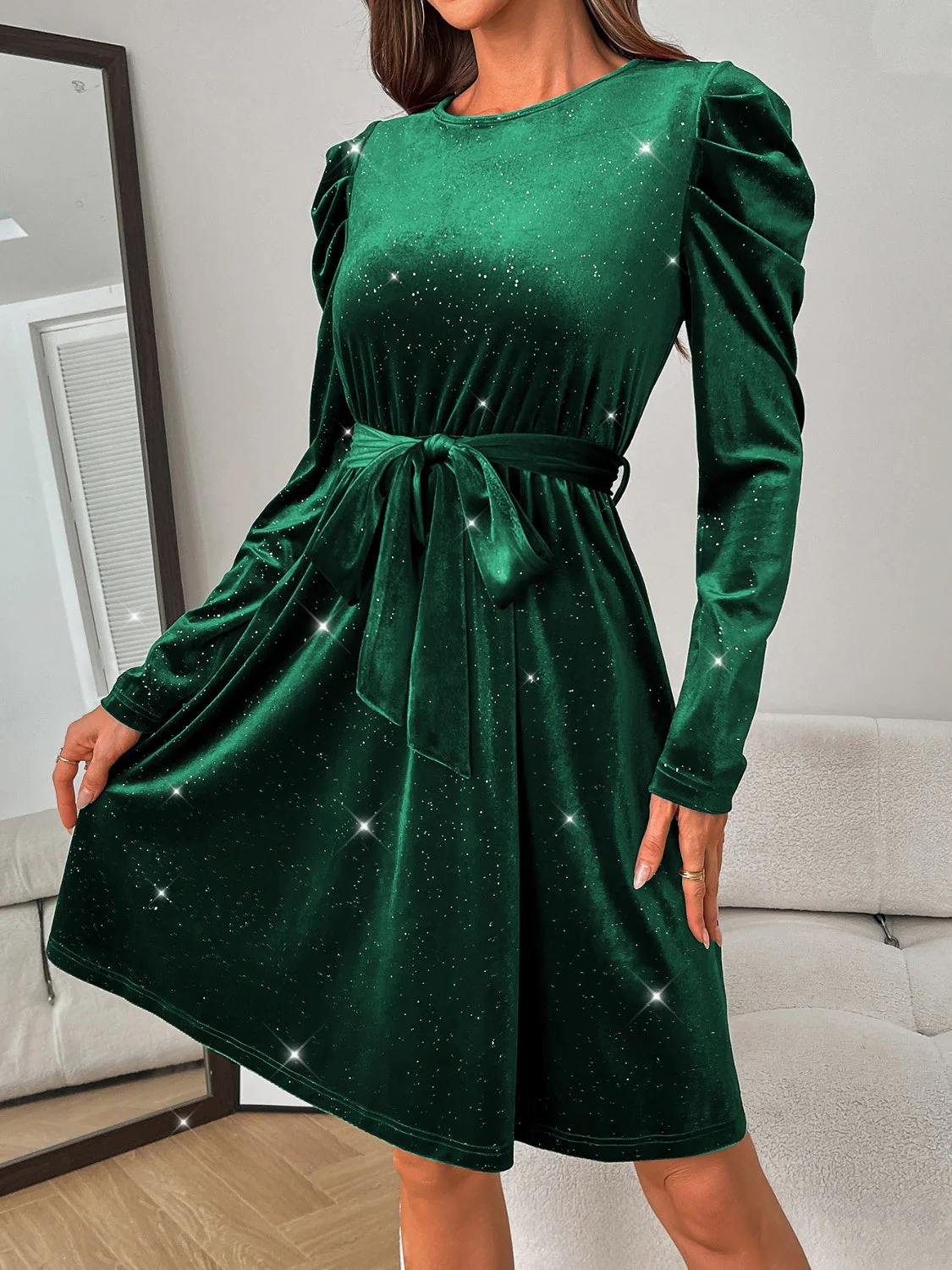 Glitter Round Neck Puff Sleeve Dress - Image 2