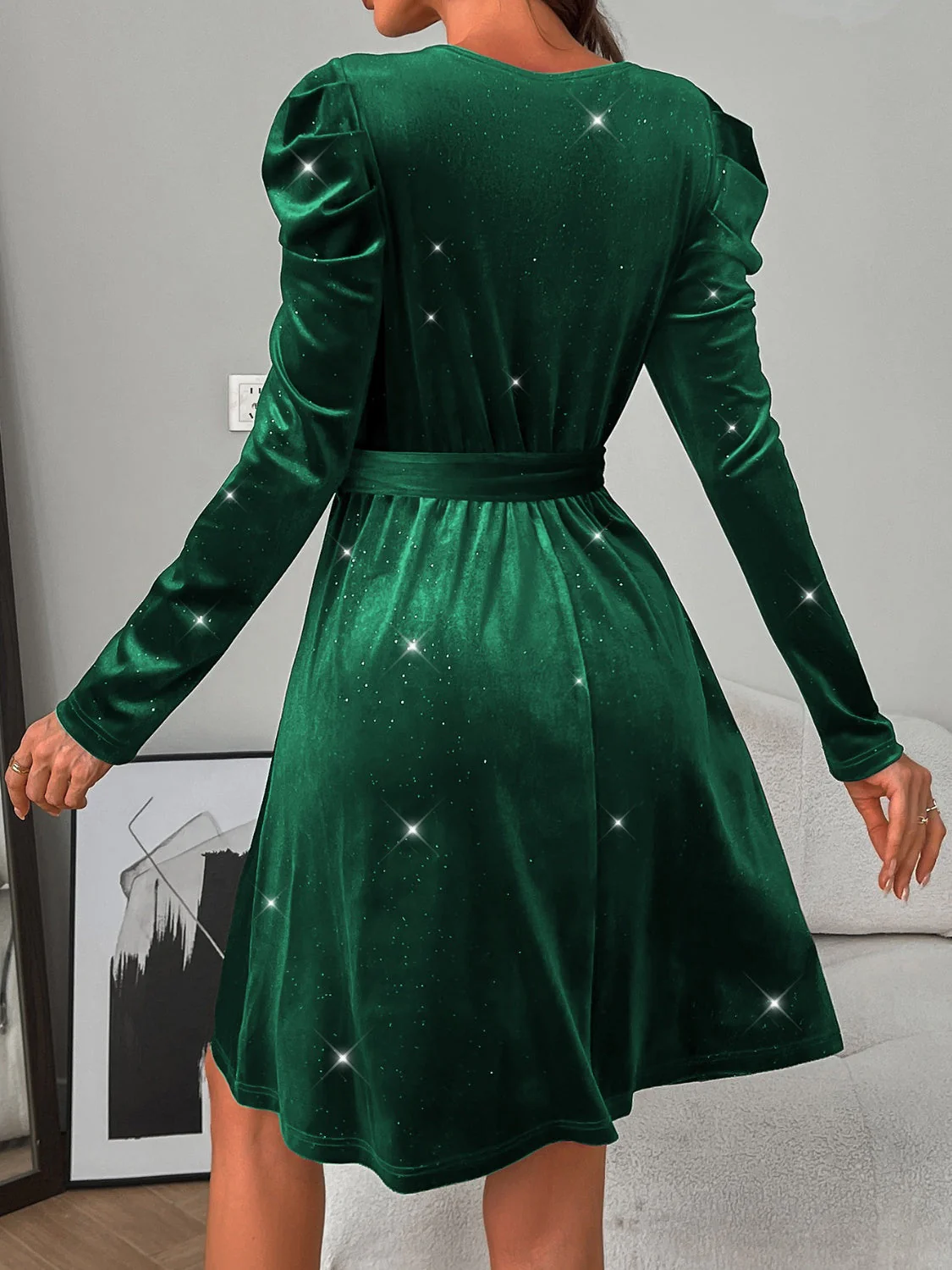 Glitter Round Neck Puff Sleeve Dress - Image 3