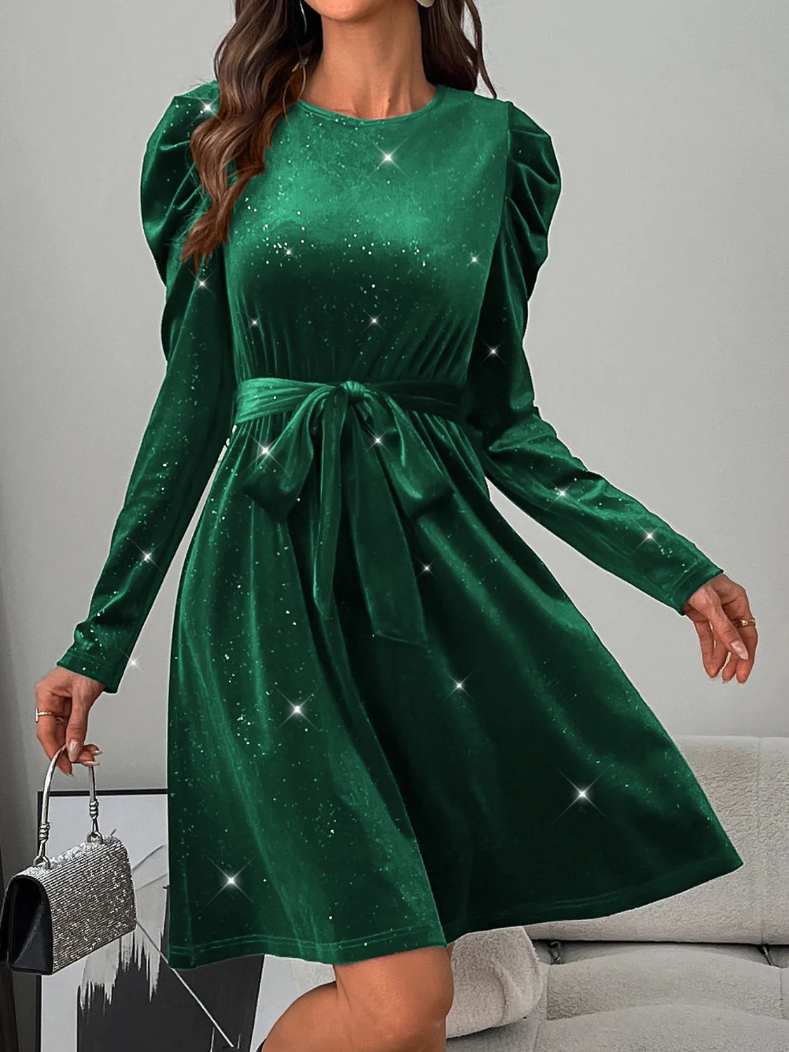 Glitter Round Neck Puff Sleeve Dress - Image 5