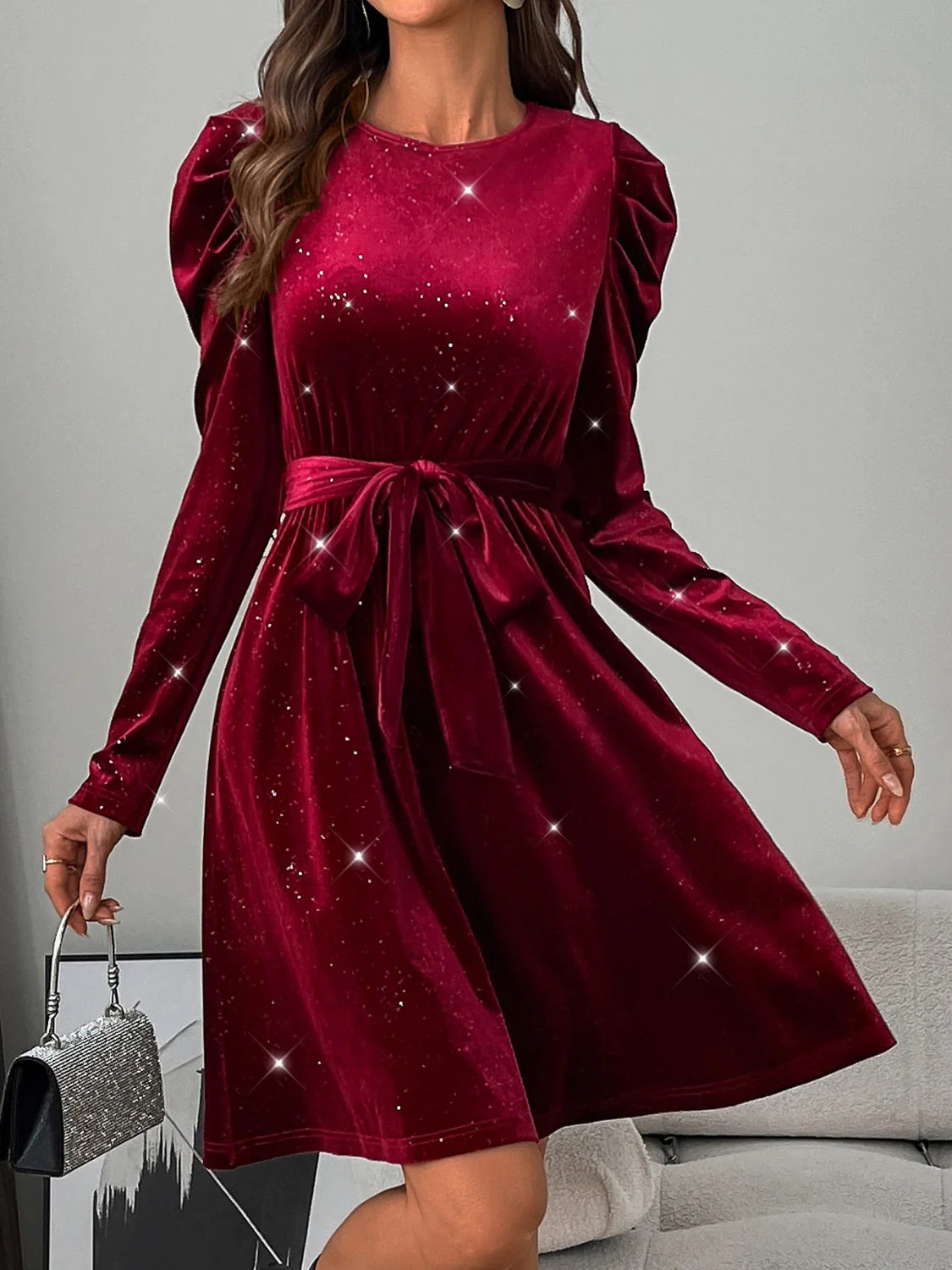 Glitter Round Neck Puff Sleeve Dress - Image 9