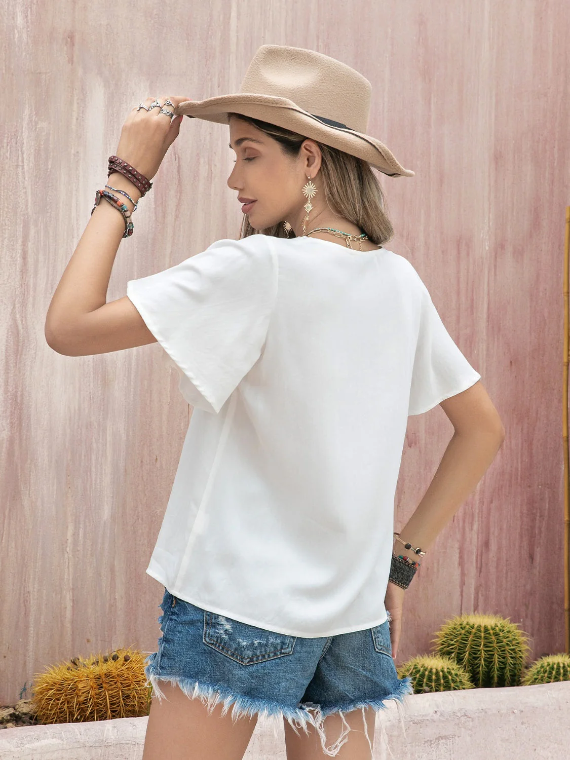 Graphic V-Neck Flutter Sleeve T-Shirt - Image 2