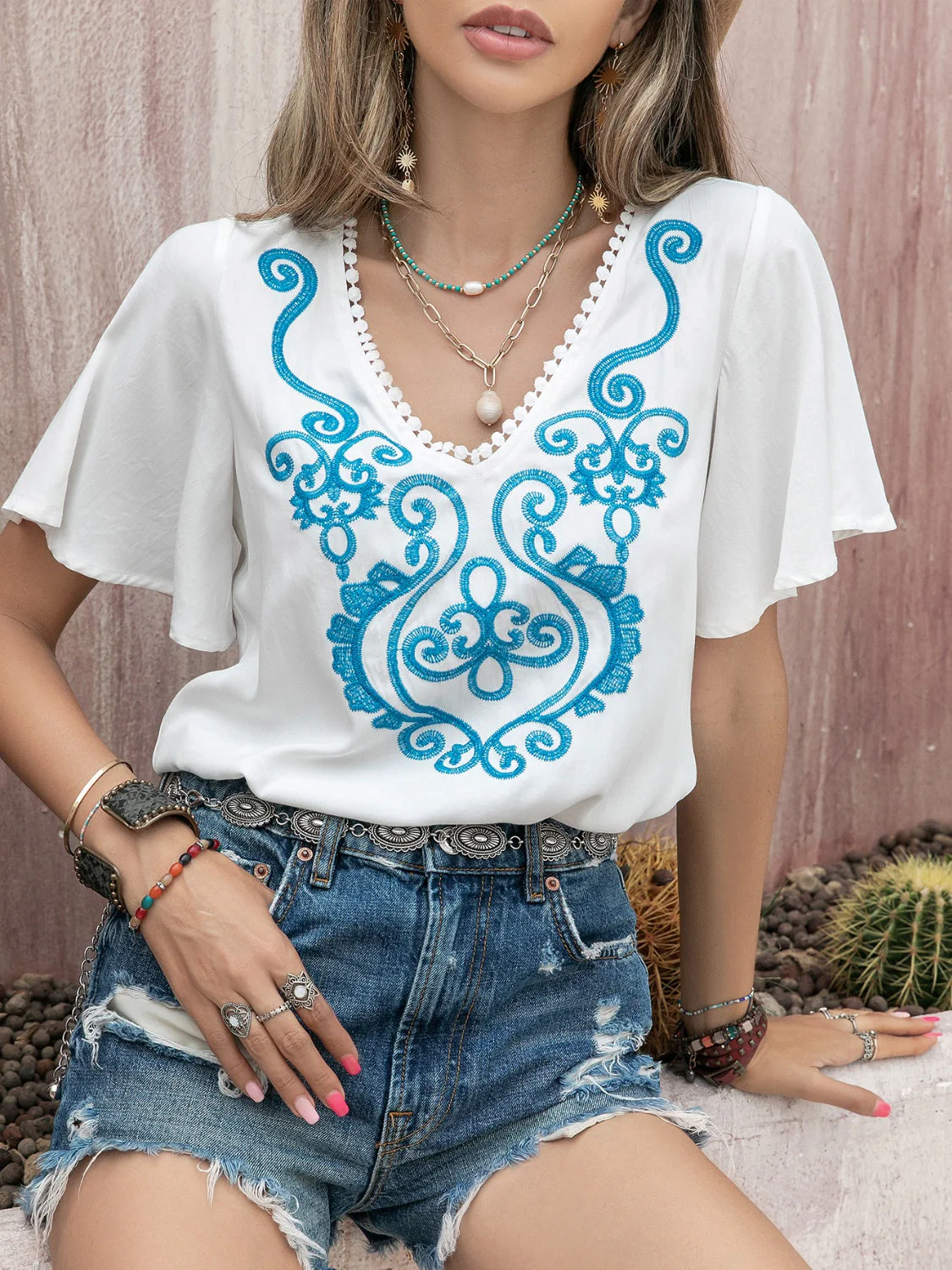 Graphic V-Neck Flutter Sleeve T-Shirt - Image 3