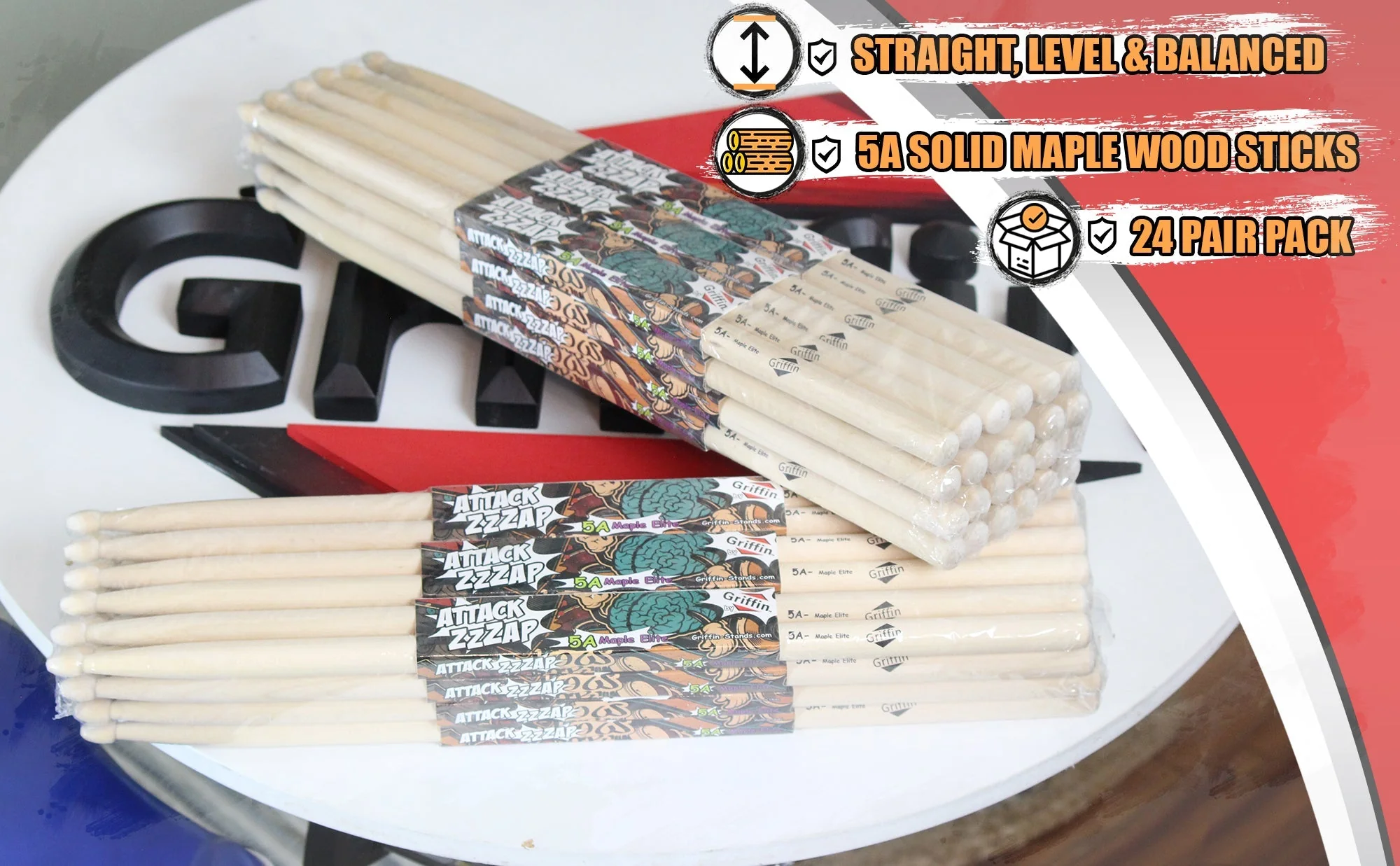 GRIFFIN Attack Zzzap Drum Sticks - 24 Pairs of Select Elite Maple Wood Size 5A - Drummers Percussion Classic Pure Grit Uncoated, Raw Wood Drumming Sticks by GeekStands.com - Image 7