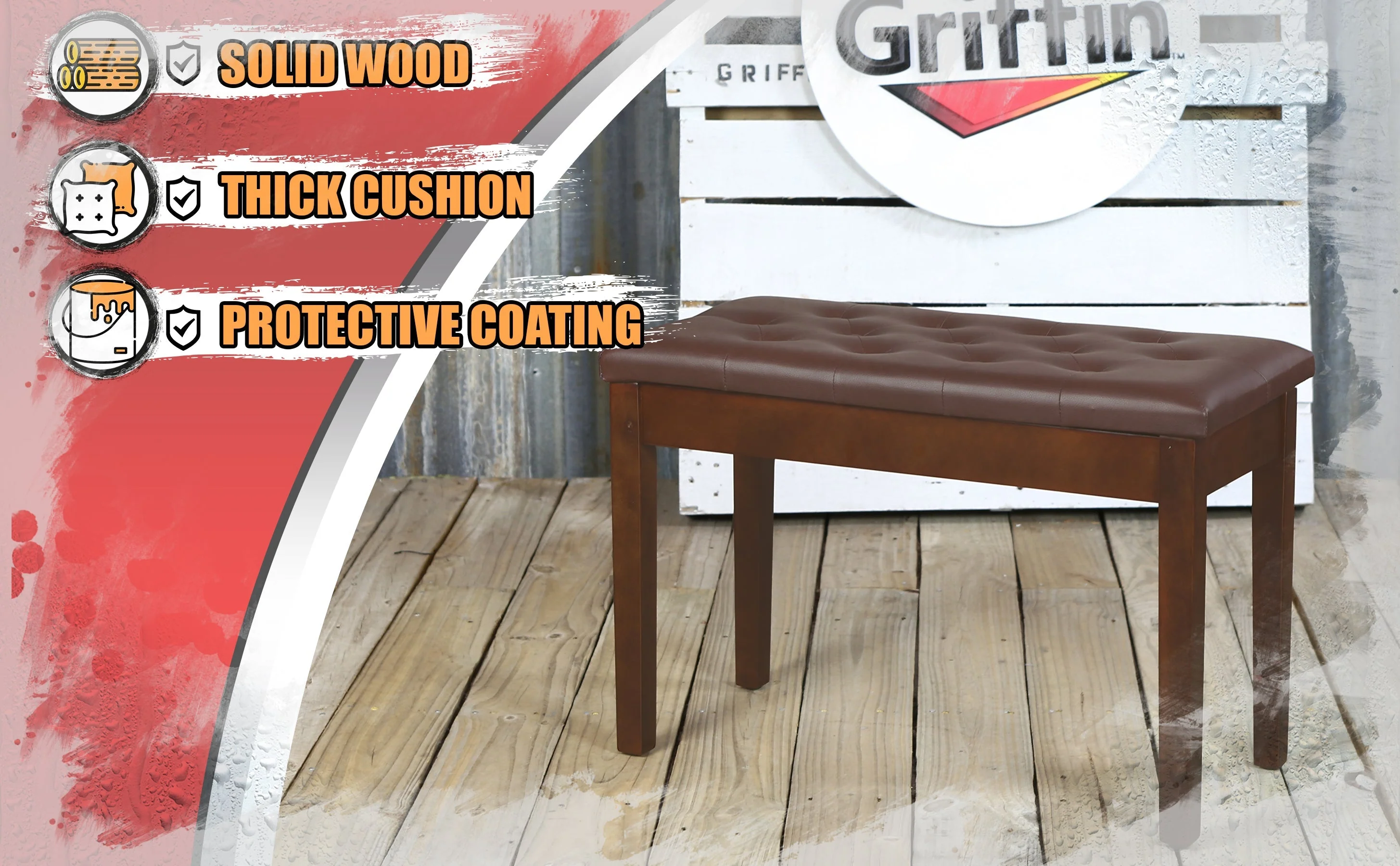 GRIFFIN Brown Wood PU Leather Piano Bench - Double Vintage Design, Ergonomic Chair Musicians Keyboard Stool - Cushion Duet Seat & Sheet Music Storage by GeekStands.com - Image 10