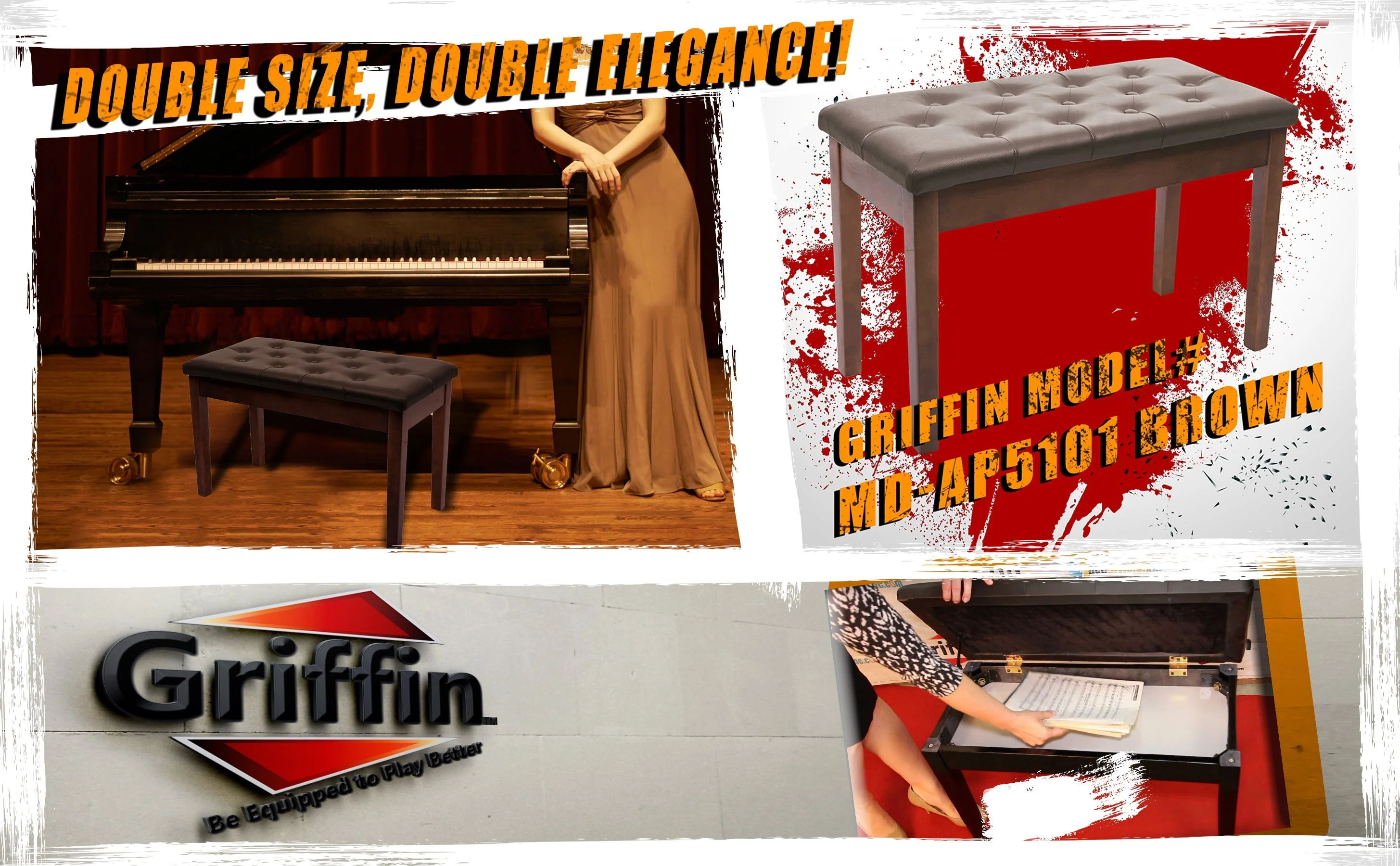 GRIFFIN Brown Wood PU Leather Piano Bench - Double Vintage Design, Ergonomic Chair Musicians Keyboard Stool - Cushion Duet Seat & Sheet Music Storage by GeekStands.com - Image 9