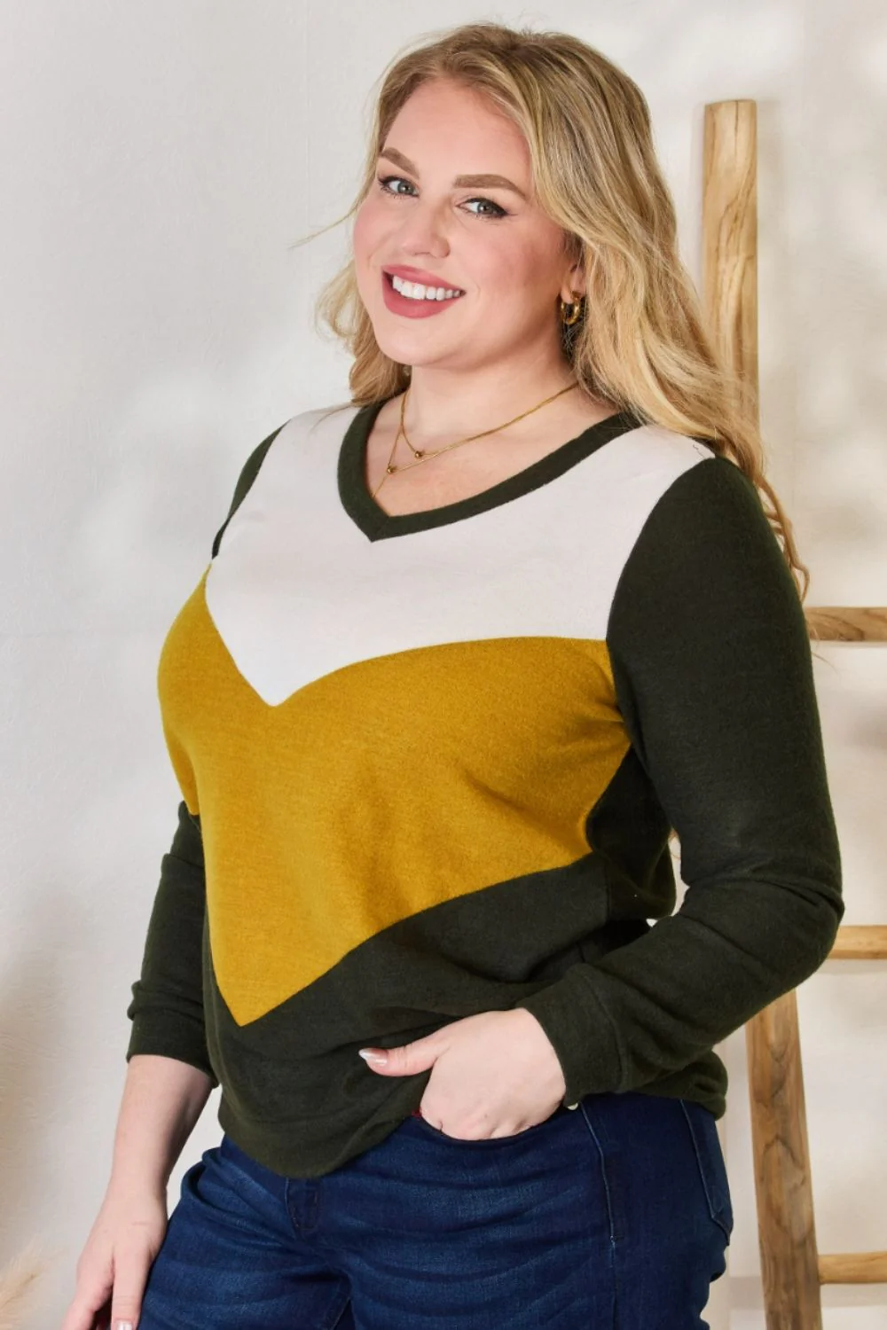 Hailey & Co Full Size Colorblock V-Neck Blouse - Image 7