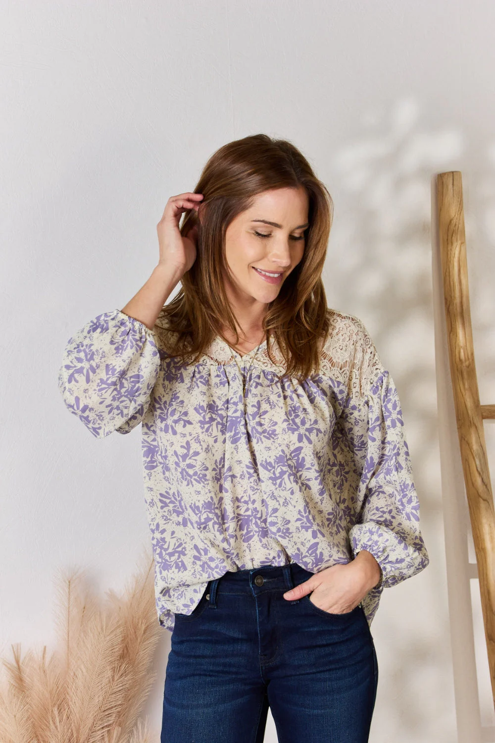 Hailey & Co Full Size Lace Detail Printed Blouse - Image 4