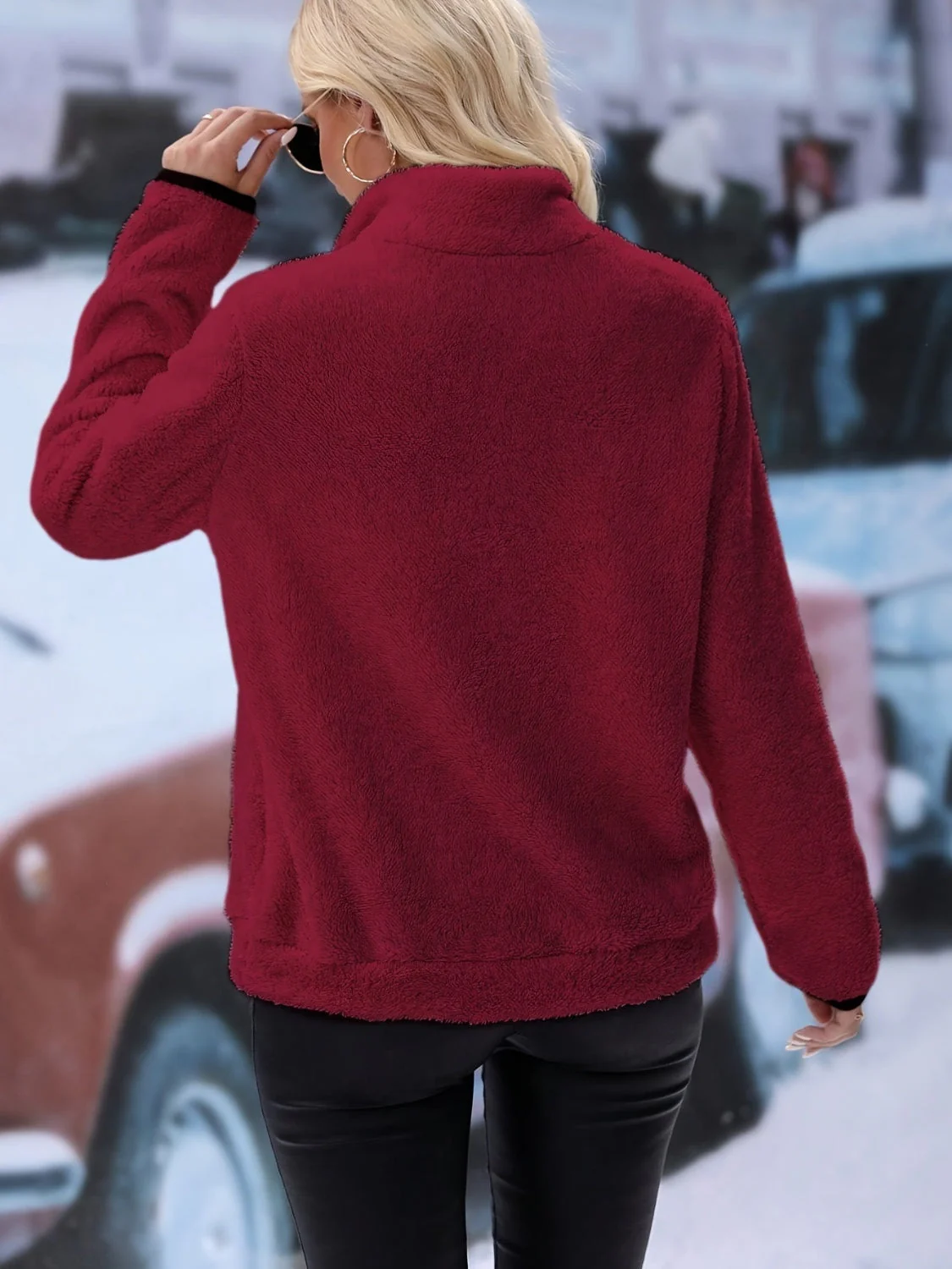 Half Zip Long Sleeve Furry Sweatshirt - Image 32