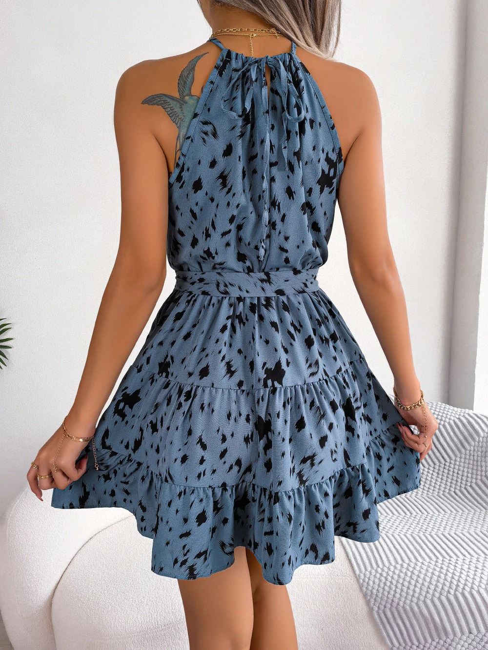 Halter Neck Printed Tie Waist Sleeveless Mini Dress - Image 10