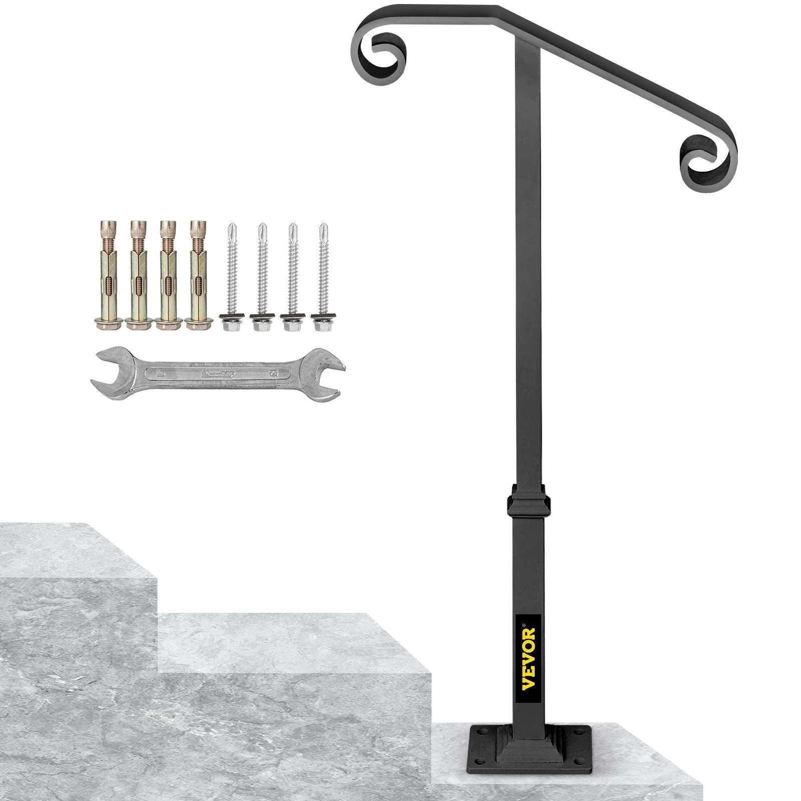 Handrails for Outdoor Steps, Fit 1 or 2 Steps Outdoor Stair Railing, Single Post Wrought Iron Handrail, Gray Transitional Porch Railings for Concrete Steps or Wooden Stairs with Base