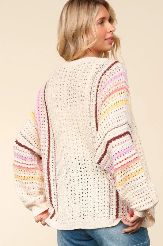 Haptics Full Size Striped Crochet Open Front Cardigan - Image 2