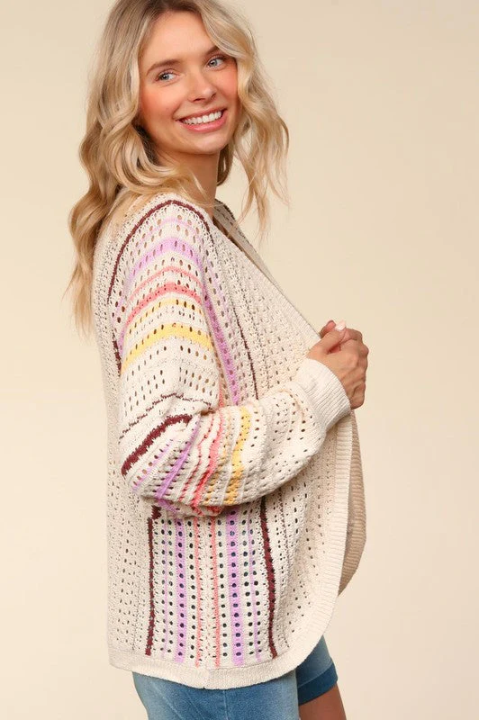 Haptics Full Size Striped Crochet Open Front Cardigan - Image 3