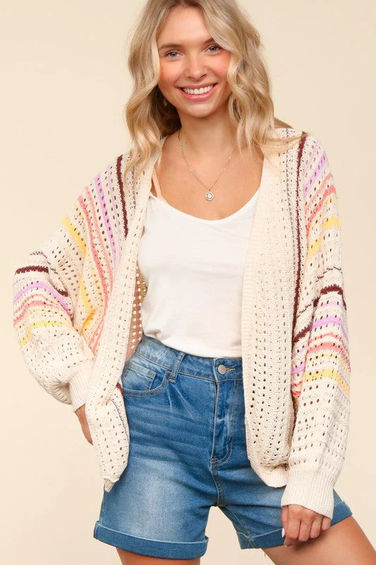 Haptics Full Size Striped Crochet Open Front Cardigan - Image 4