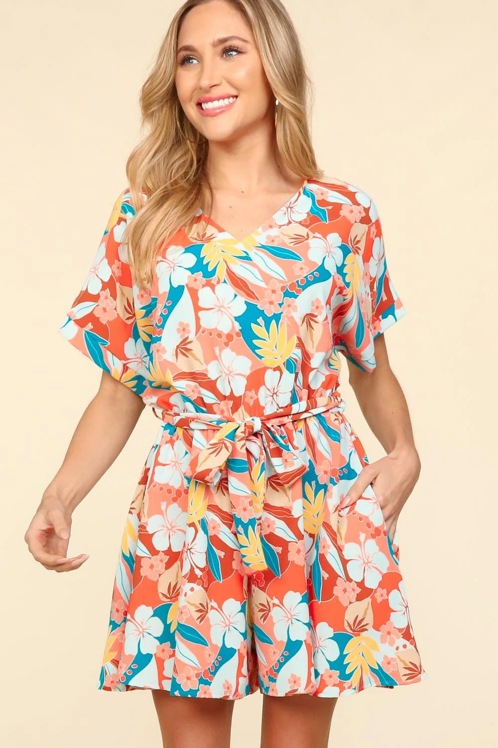Haptics Tropical Floral Short Sleeve Tied Romper - Image 3