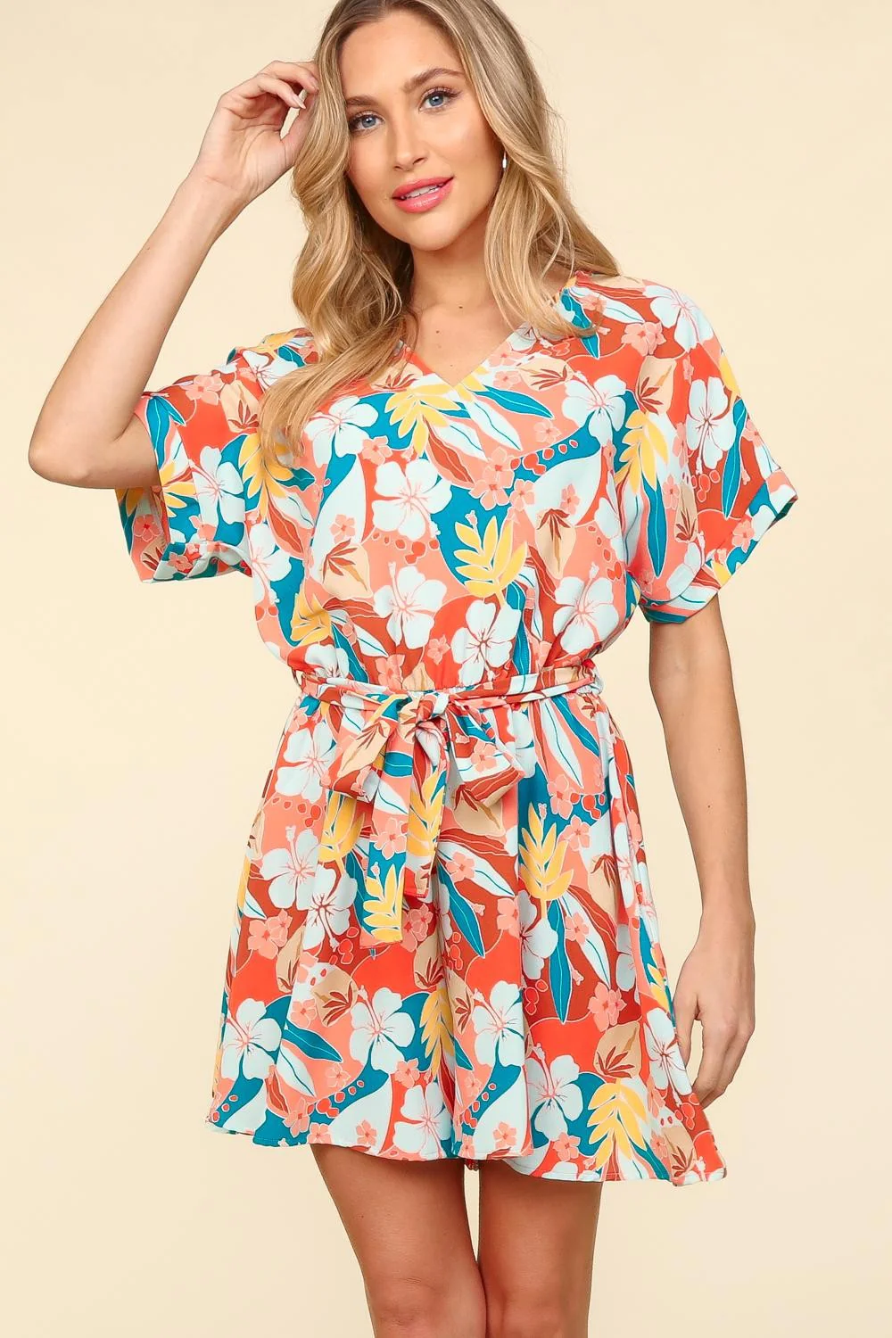 Haptics Tropical Floral Short Sleeve Tied Romper - Image 4