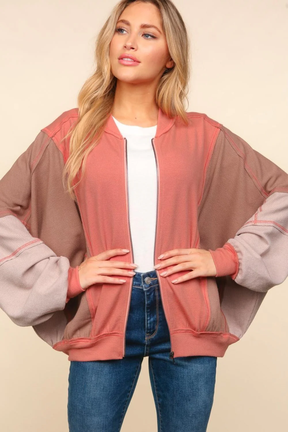 Haptics Zip Up Color Block Bomber Jacket with Side Pockets - Image 3