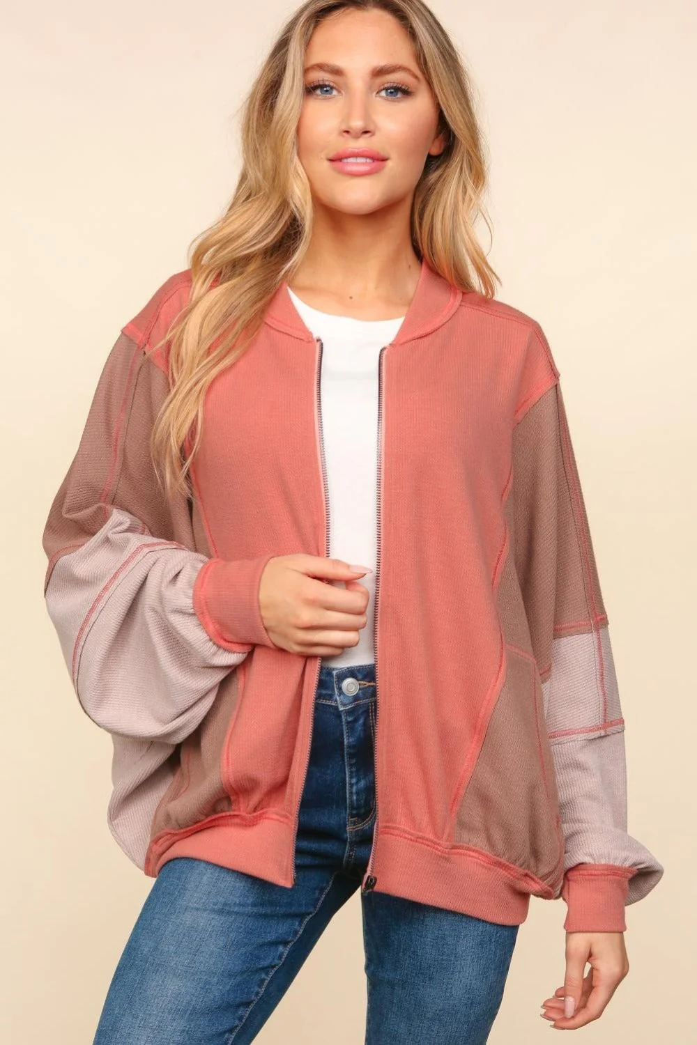 Haptics Zip Up Color Block Bomber Jacket with Side Pockets - Image 4