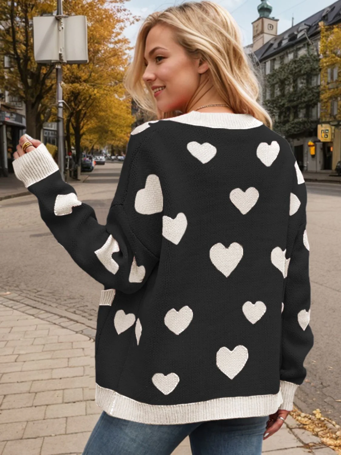 Heart Button Up Dropped Shoulder Long Sleeve Cardigan - Image 13