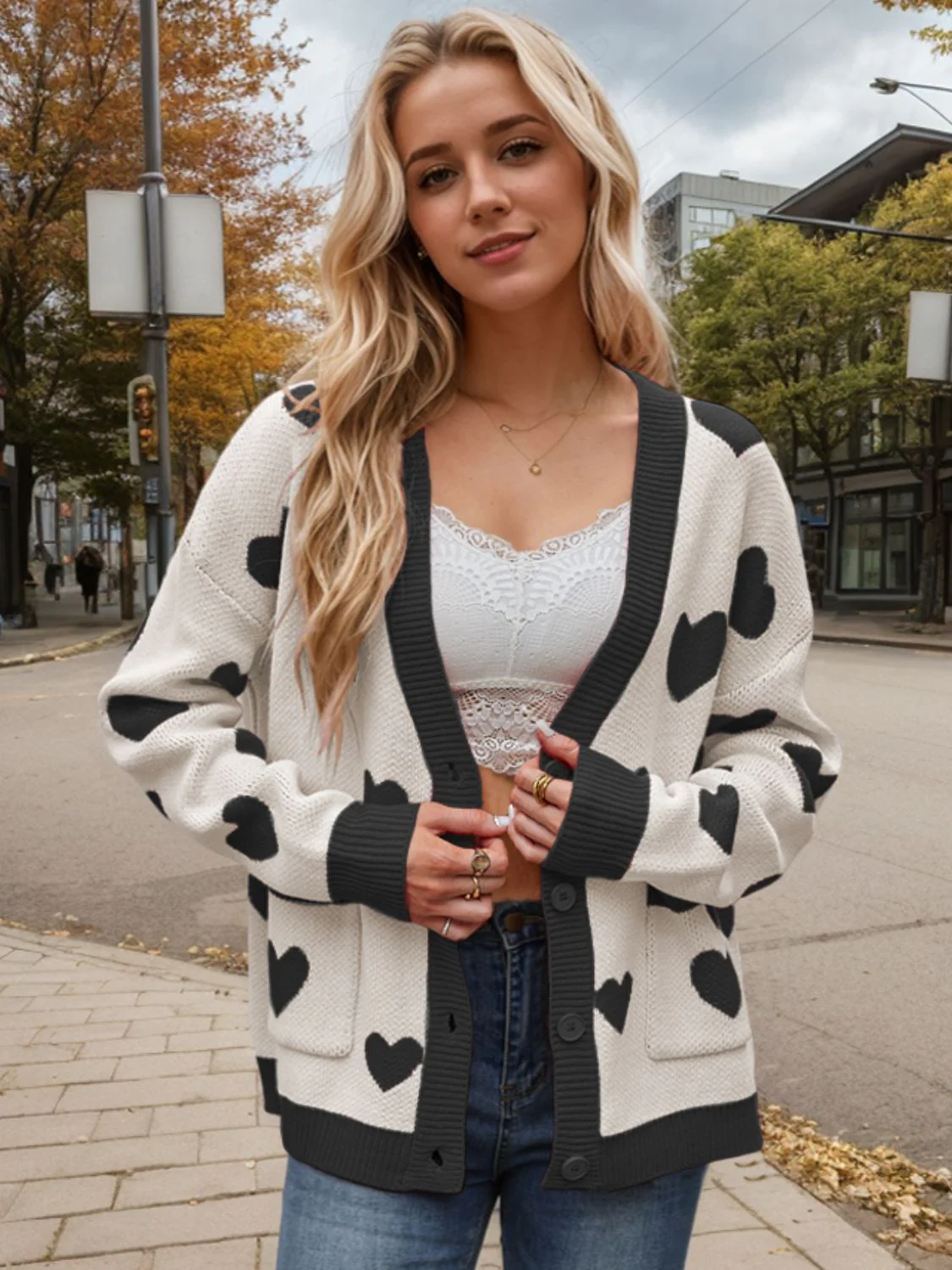 Heart Button Up Dropped Shoulder Long Sleeve Cardigan - Image 14