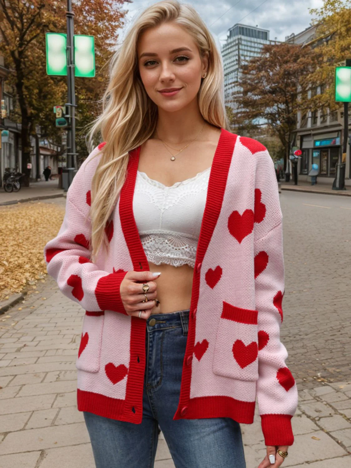 Heart Button Up Dropped Shoulder Long Sleeve Cardigan - Image 3