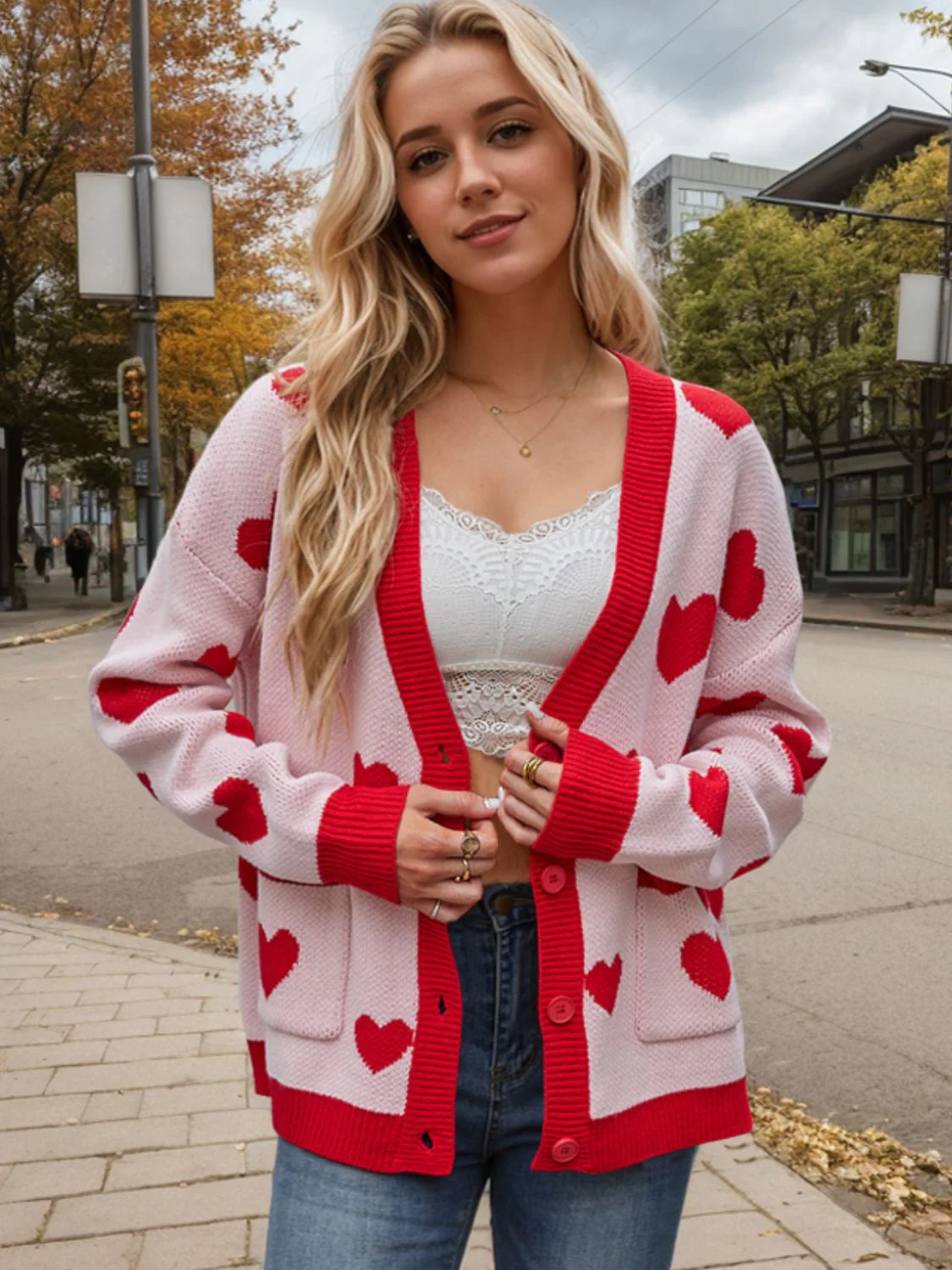 Heart Button Up Dropped Shoulder Long Sleeve Cardigan - Image 4