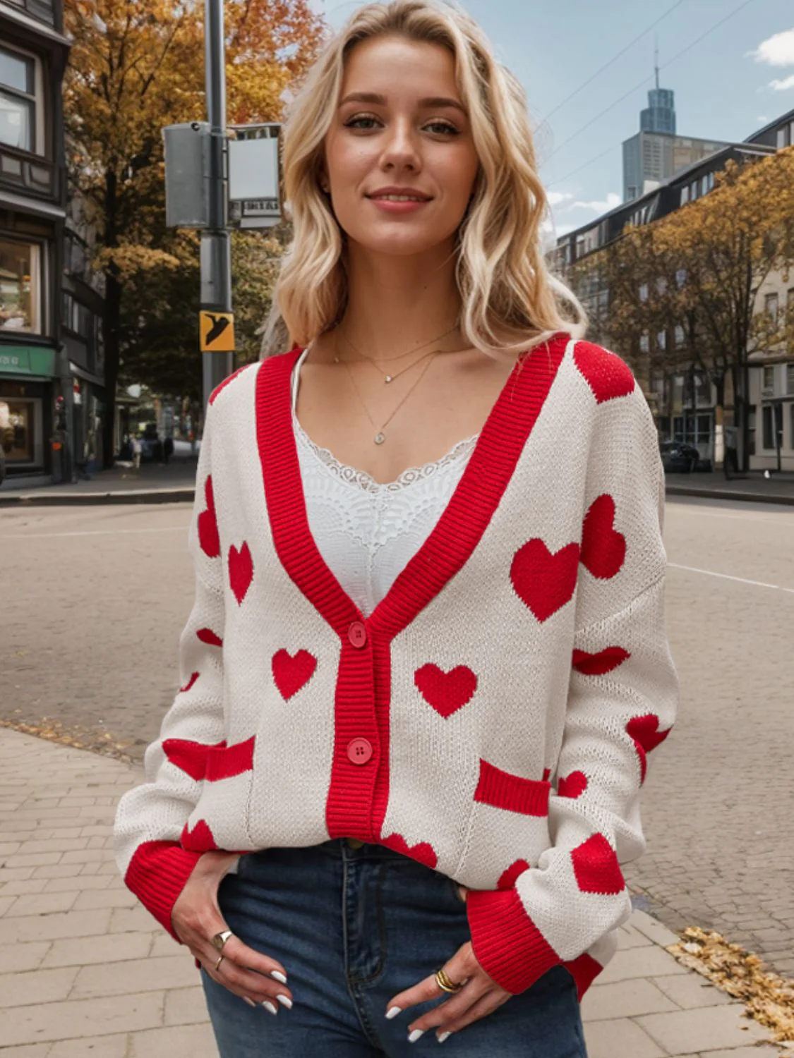 Heart Button Up Dropped Shoulder Long Sleeve Cardigan - Image 5