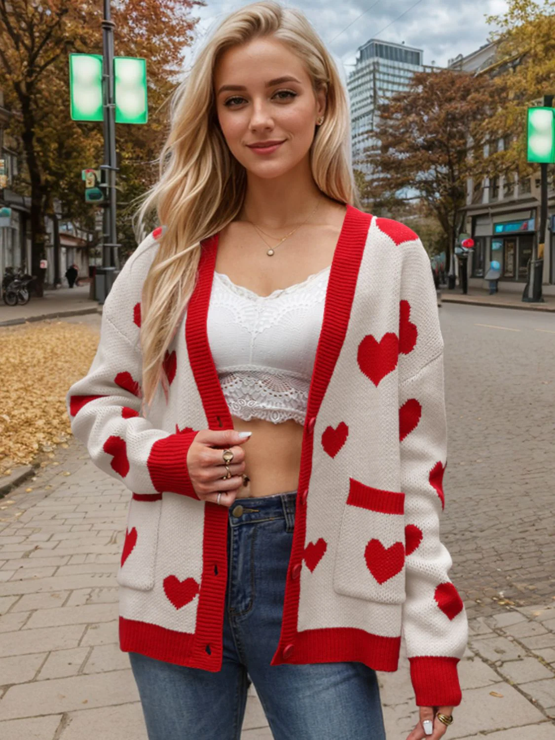 Heart Button Up Dropped Shoulder Long Sleeve Cardigan - Image 6