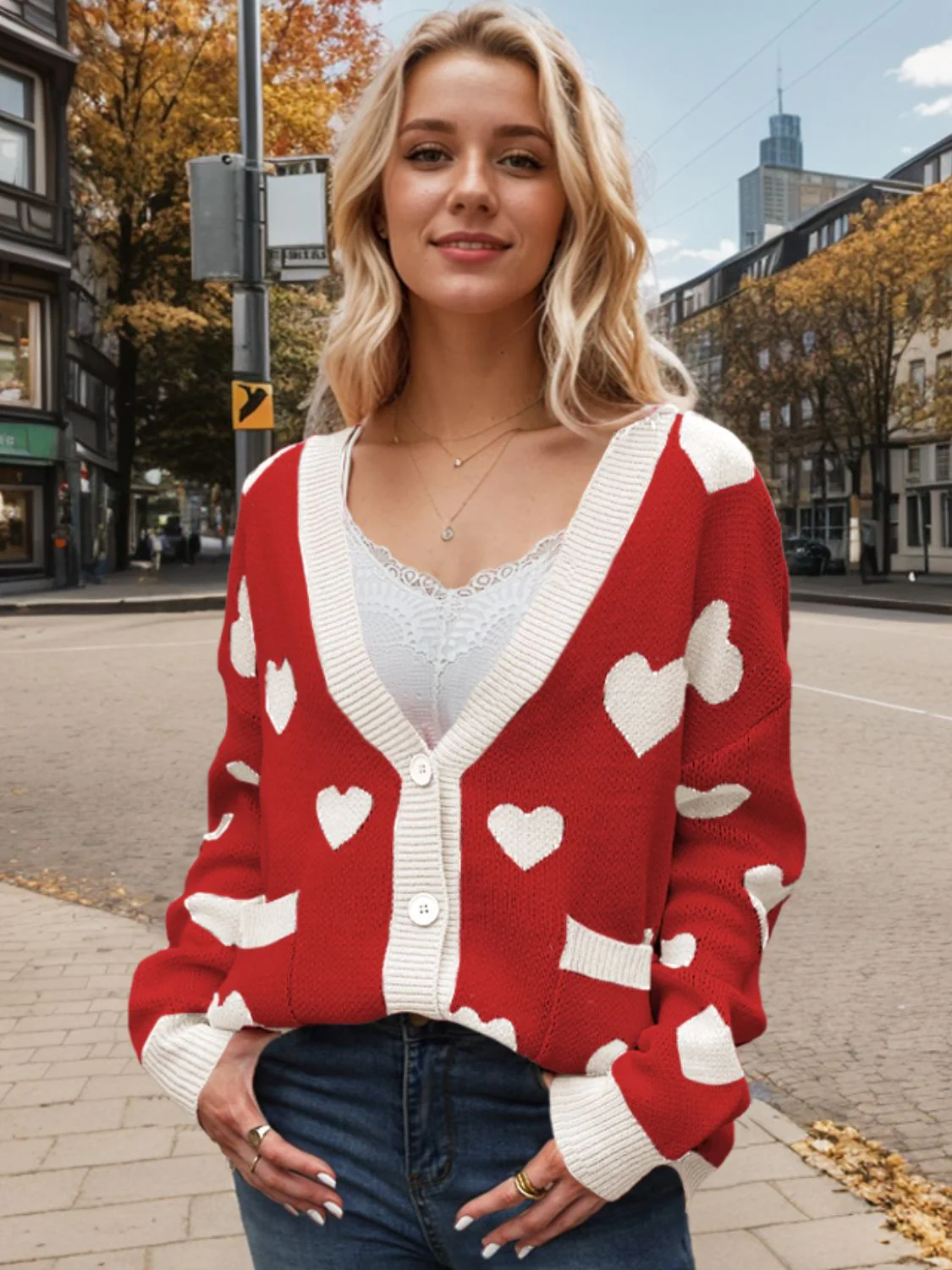 Heart Button Up Dropped Shoulder Long Sleeve Cardigan - Image 9