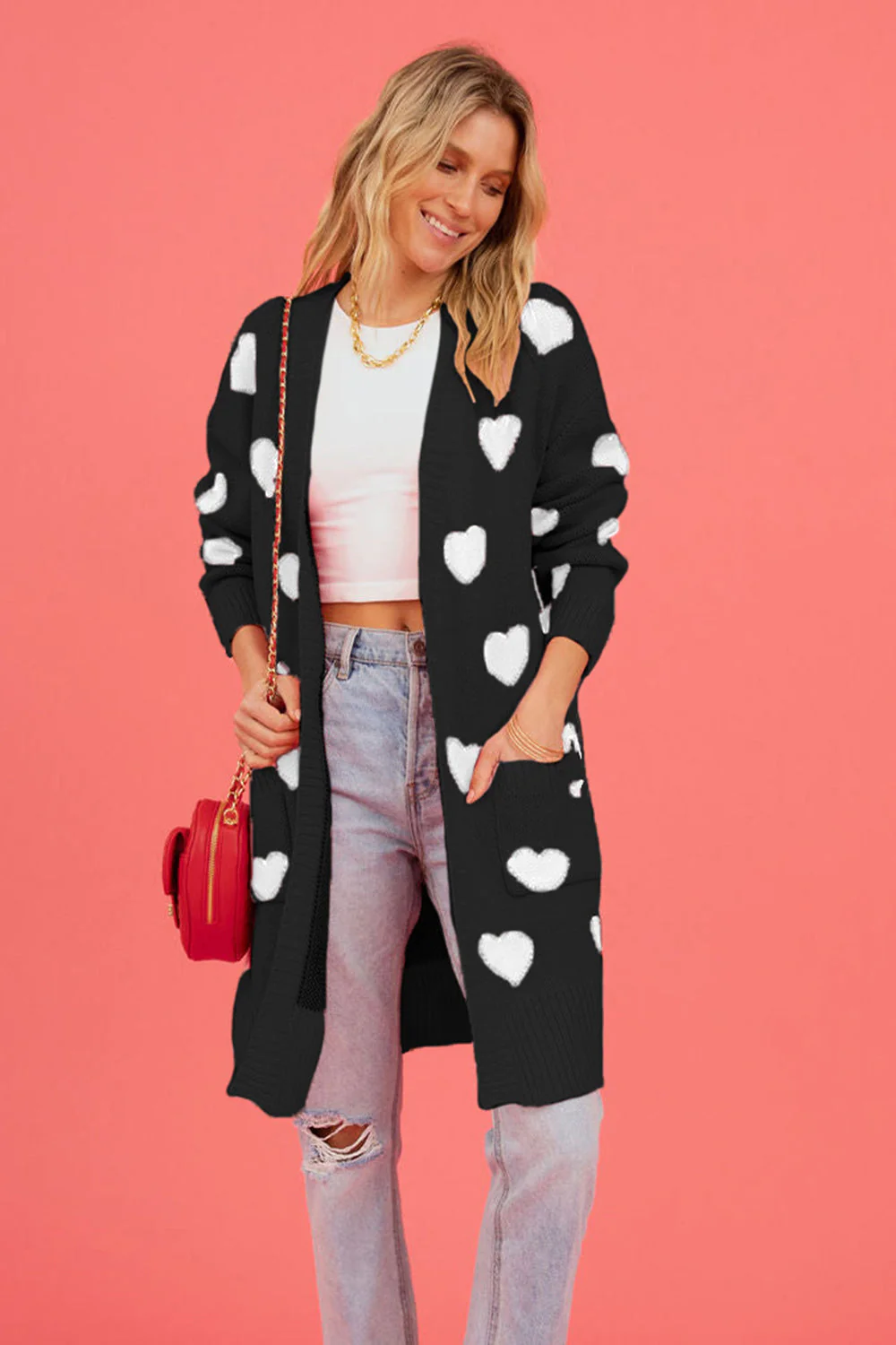 Heart Graphic Open Front Cardigan with Pockets - Image 11