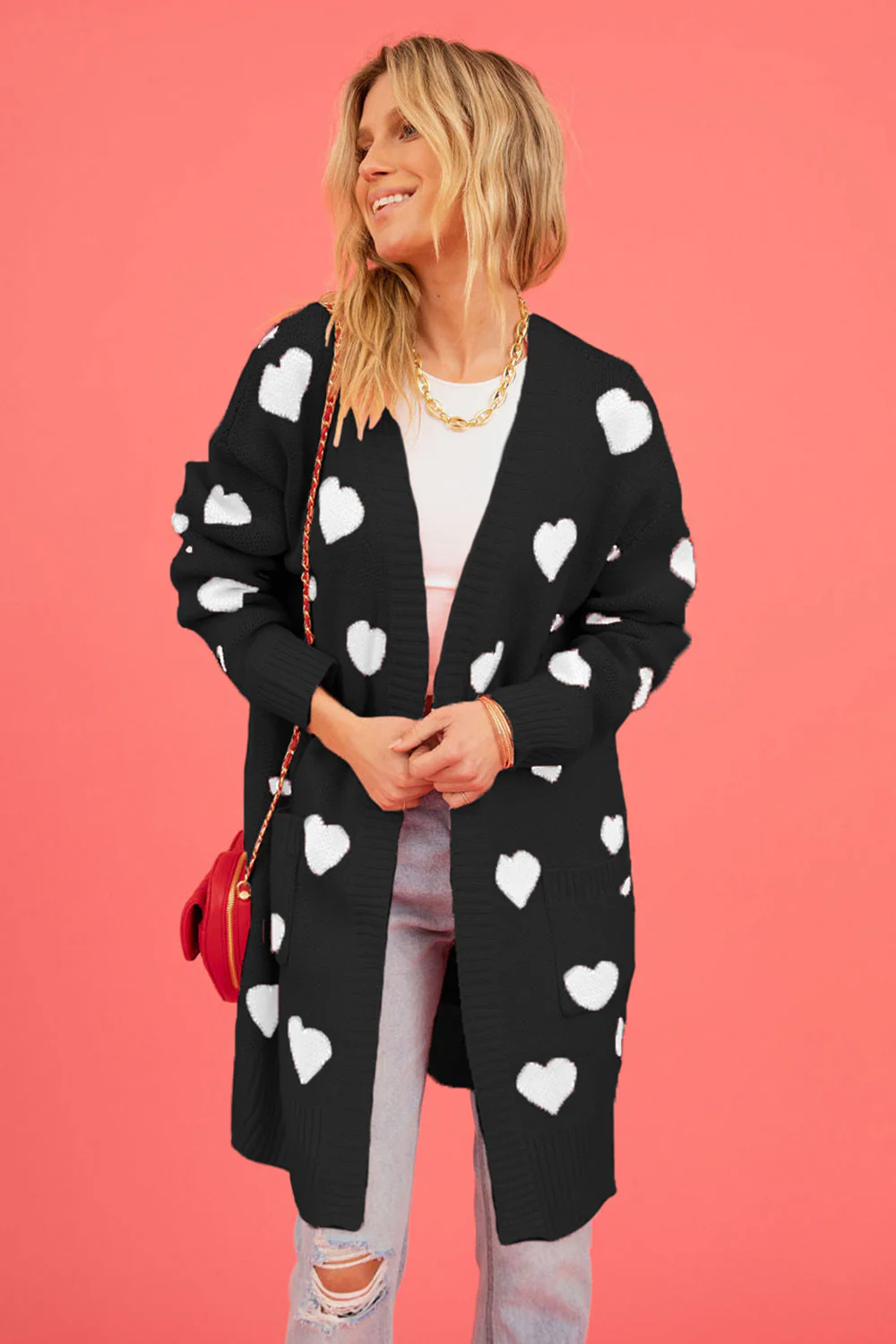 Heart Graphic Open Front Cardigan with Pockets - Image 12