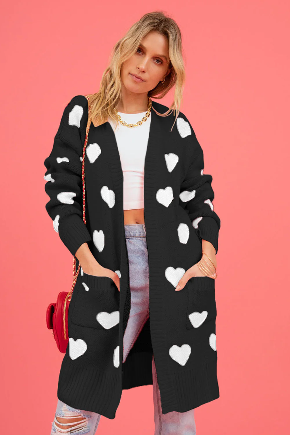 Heart Graphic Open Front Cardigan with Pockets - Image 13