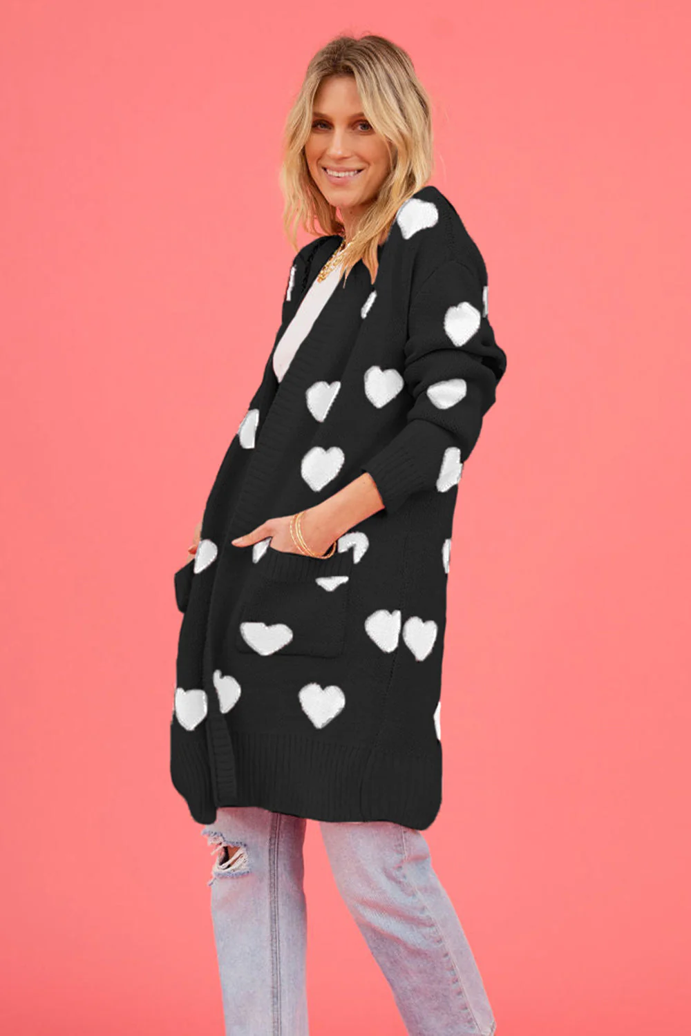 Heart Graphic Open Front Cardigan with Pockets - Image 14