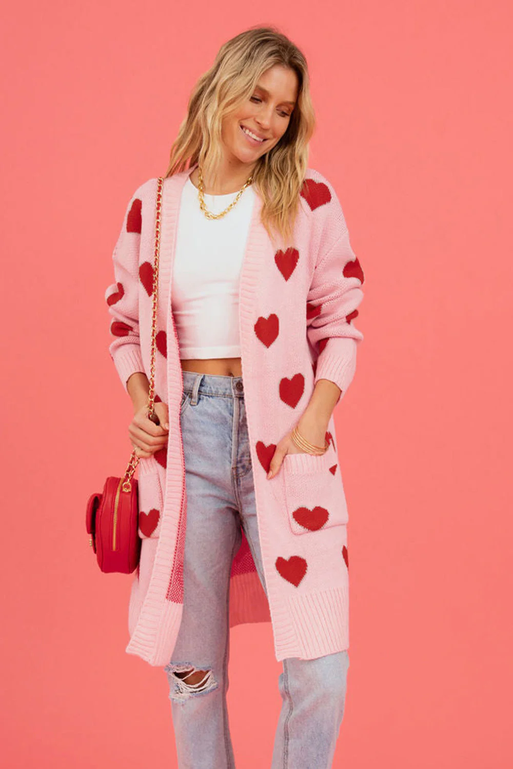 Heart Graphic Open Front Cardigan with Pockets - Image 16