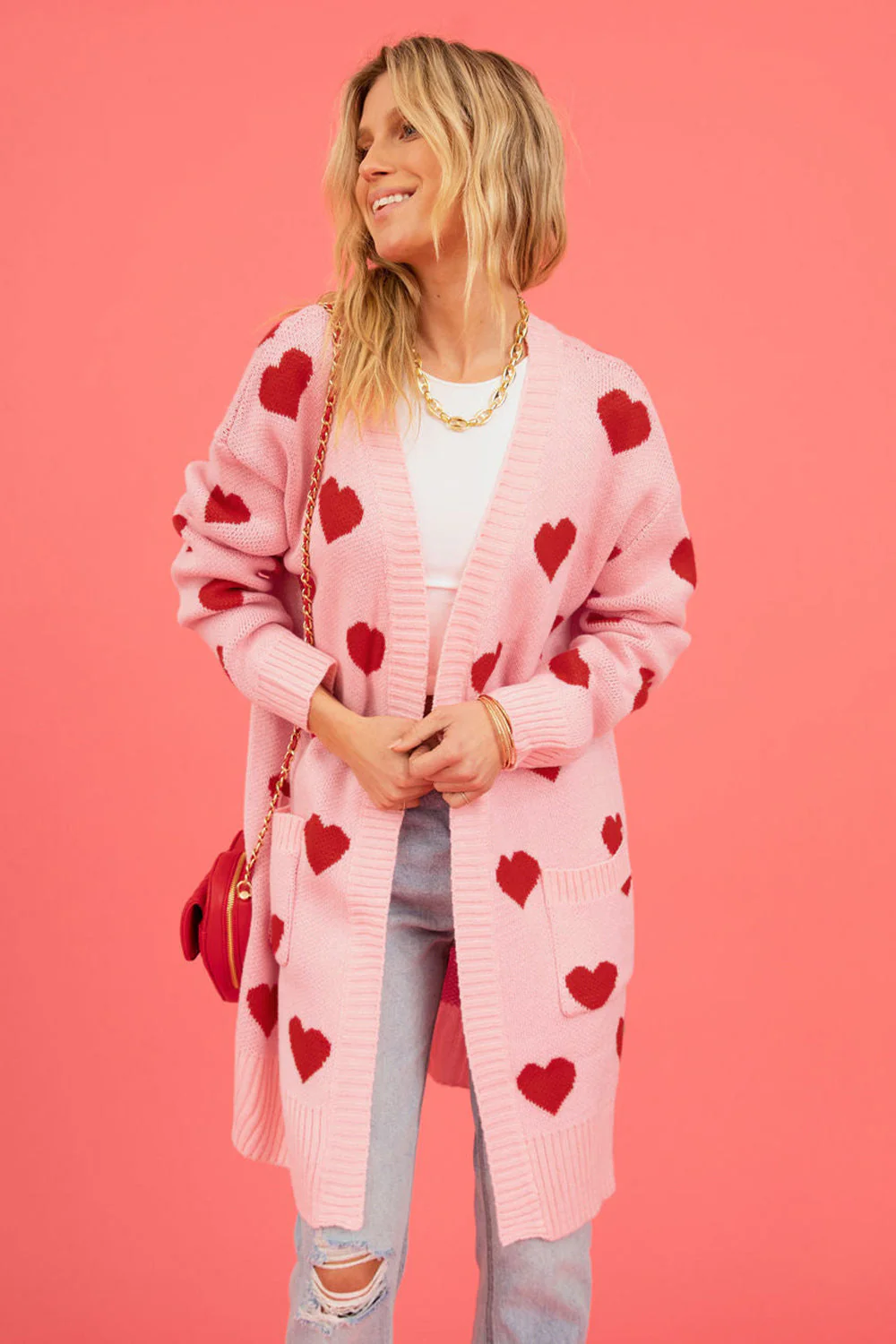 Heart Graphic Open Front Cardigan with Pockets - Image 17