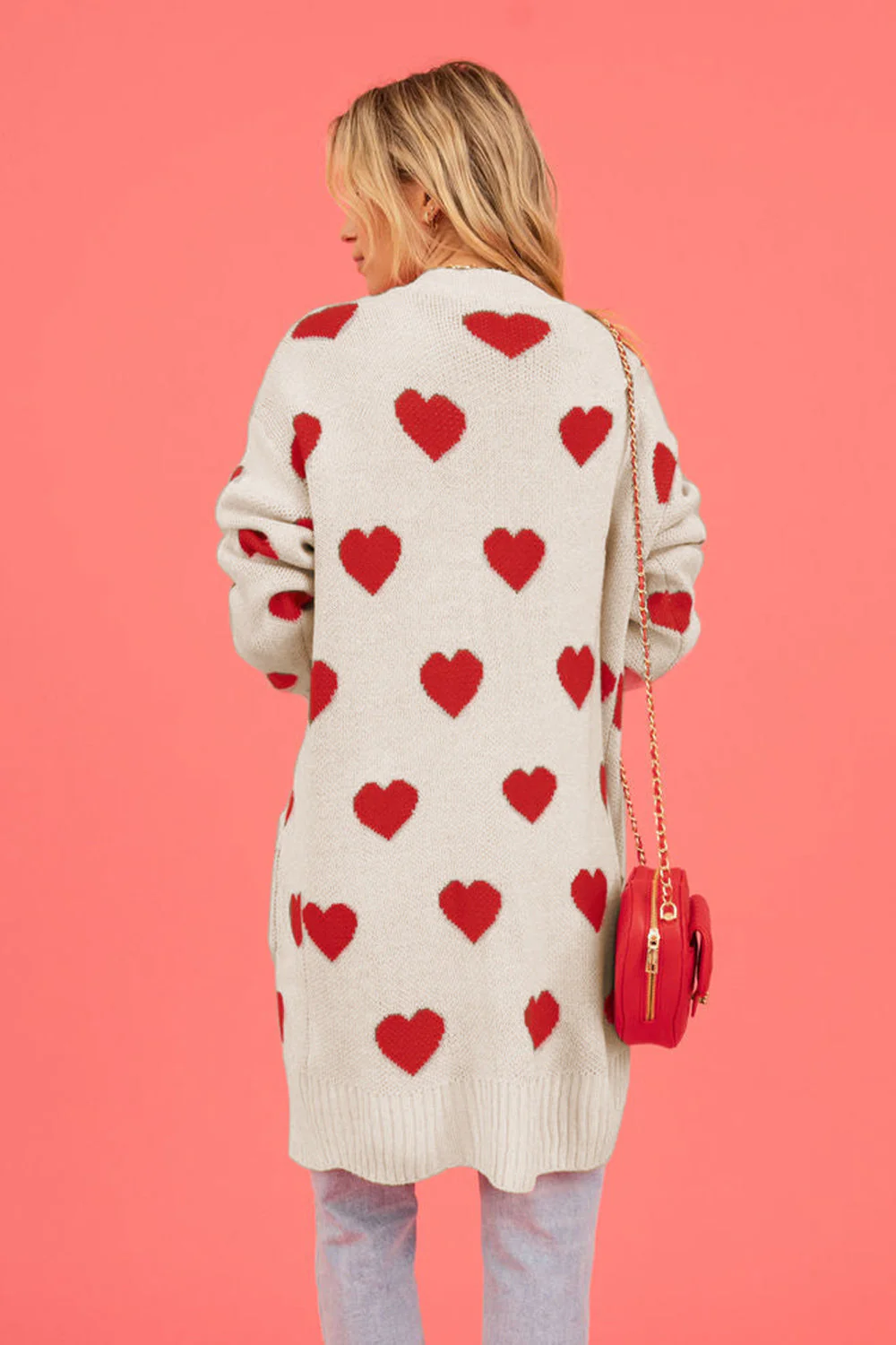 Heart Graphic Open Front Cardigan with Pockets - Image 2