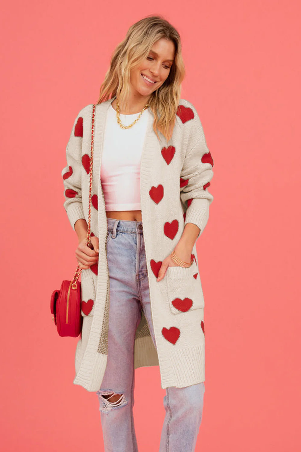Heart Graphic Open Front Cardigan with Pockets - Image 3