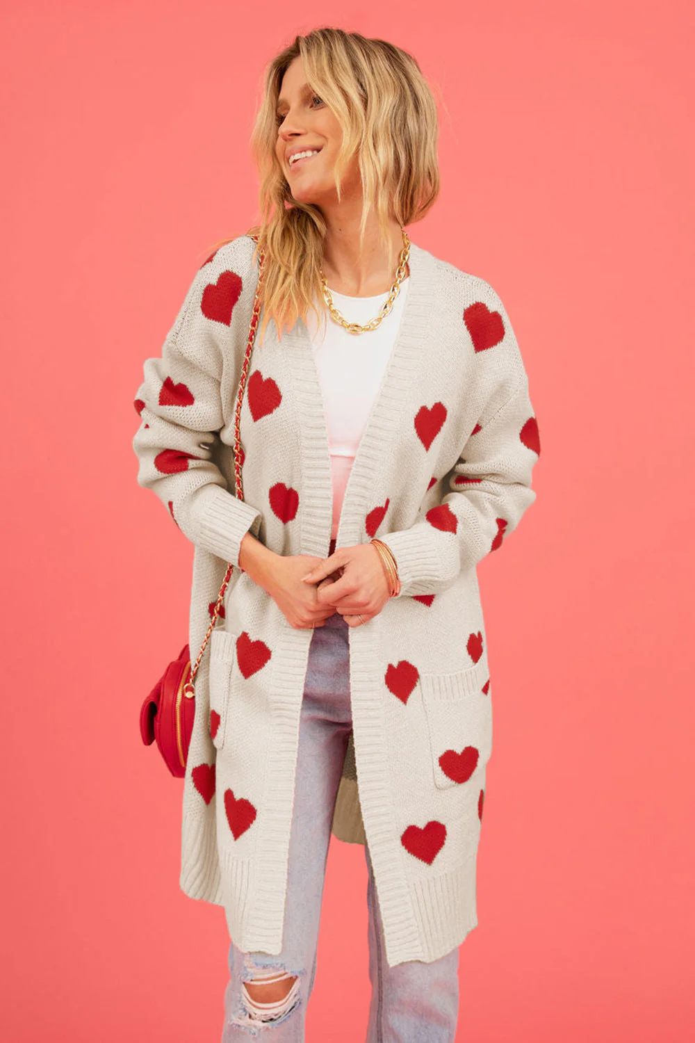 Heart Graphic Open Front Cardigan with Pockets - Image 4