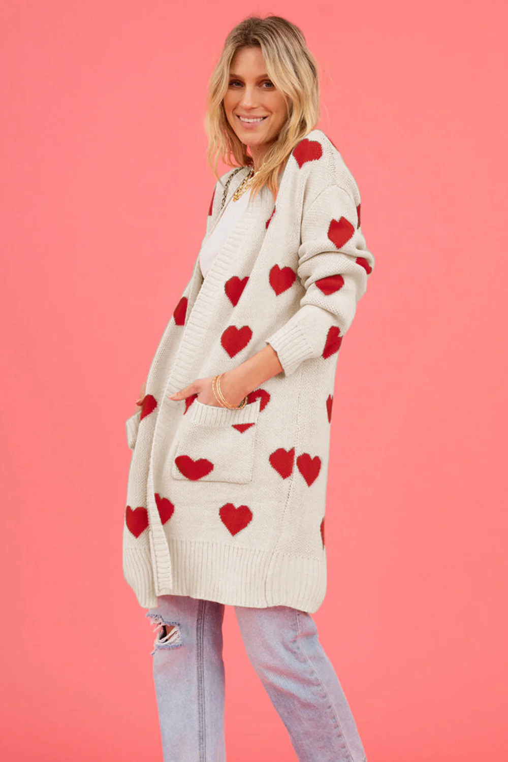 Heart Graphic Open Front Cardigan with Pockets - Image 5